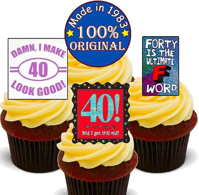 Made4You 40th Birthday Funny, Edible Cupcake Toppers - Stand-up Wafer Cake Decorations