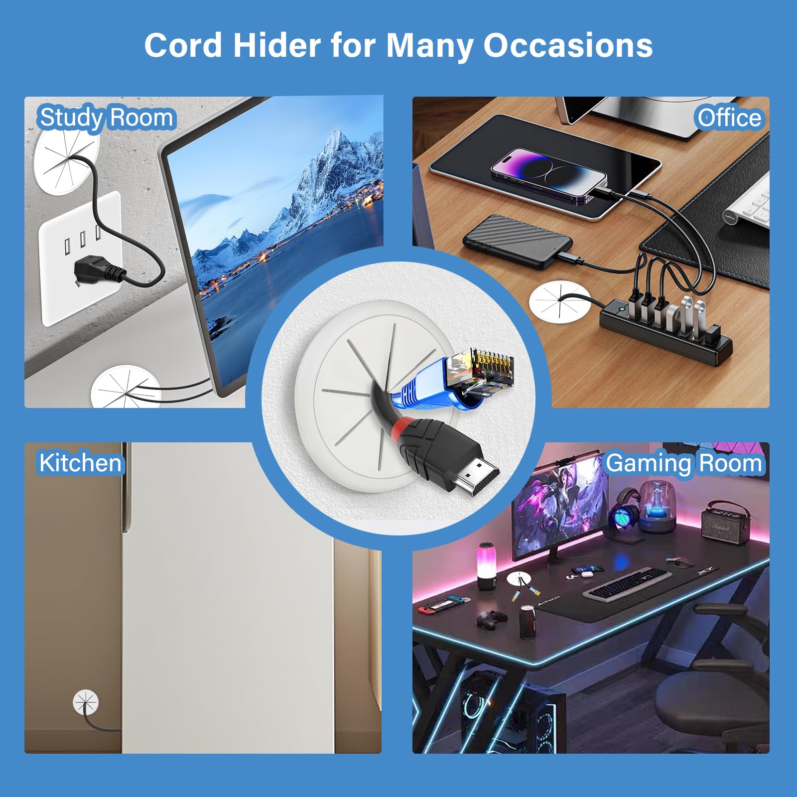 Shackcom Pack de 4 Pasacables con Sierra de Corona de 60 mm para TV de Pared y Escritorio, Kit de Gestión de Cables con 3 m de Manguera y 2 m de Canal Autoadhesivo, Blanco – Organiza tus Cables