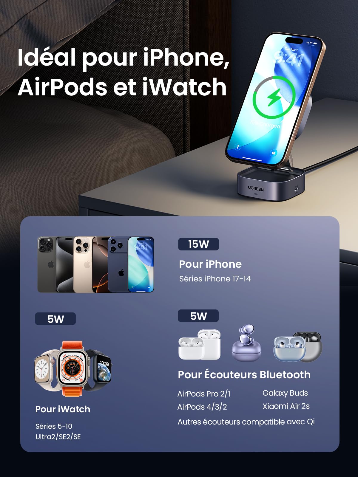 UGREEN MagFlow Qi2 15W Chargeur Induction 2 en 1 Certifié Compatible avec MagSafe iPhone 17 16 15 14 13 12 Air Plus Pro Max AirPods 4 3 Pro 3 2 1 Chargeur sans Fil Magnétique Rapide Pliable Réglable