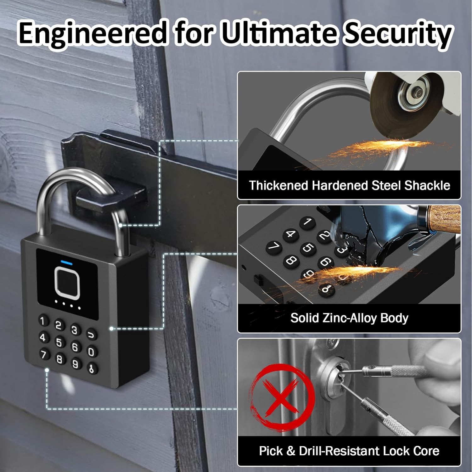 eLinkSmart Fingerprint Padlock Outdoor, Heavy Duty Smart Lock with Bluetooth APP Remote Authorization, 9 Digit Button Password & Temporary Code, IP67 Weatherproof for Shed Gate Fence Truck Locker