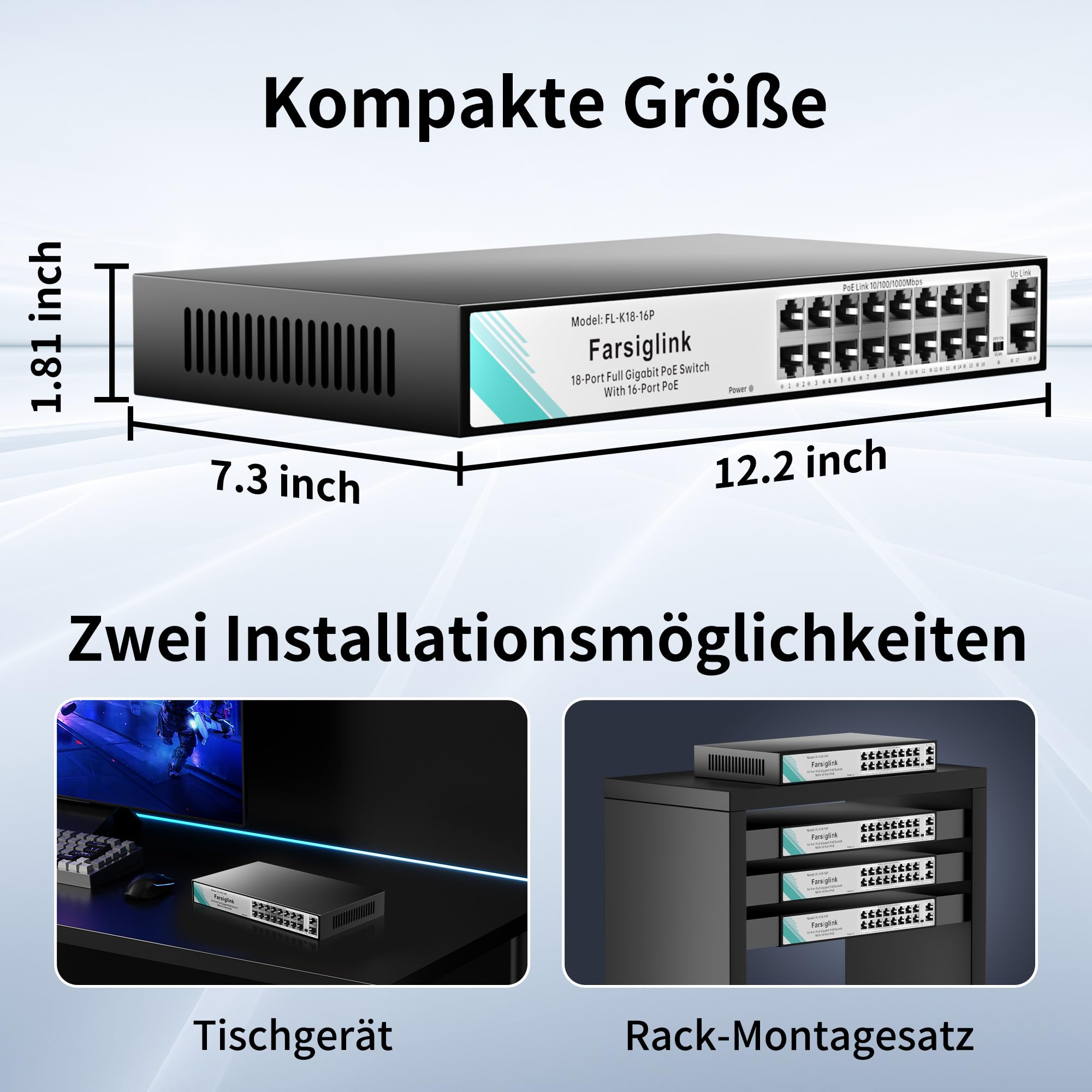 Commutateur Gigabit PoE à 16 Ports, 16 Ports PoE+ à 280 W + 2 Ports de Liaison Montante, Plug & Play