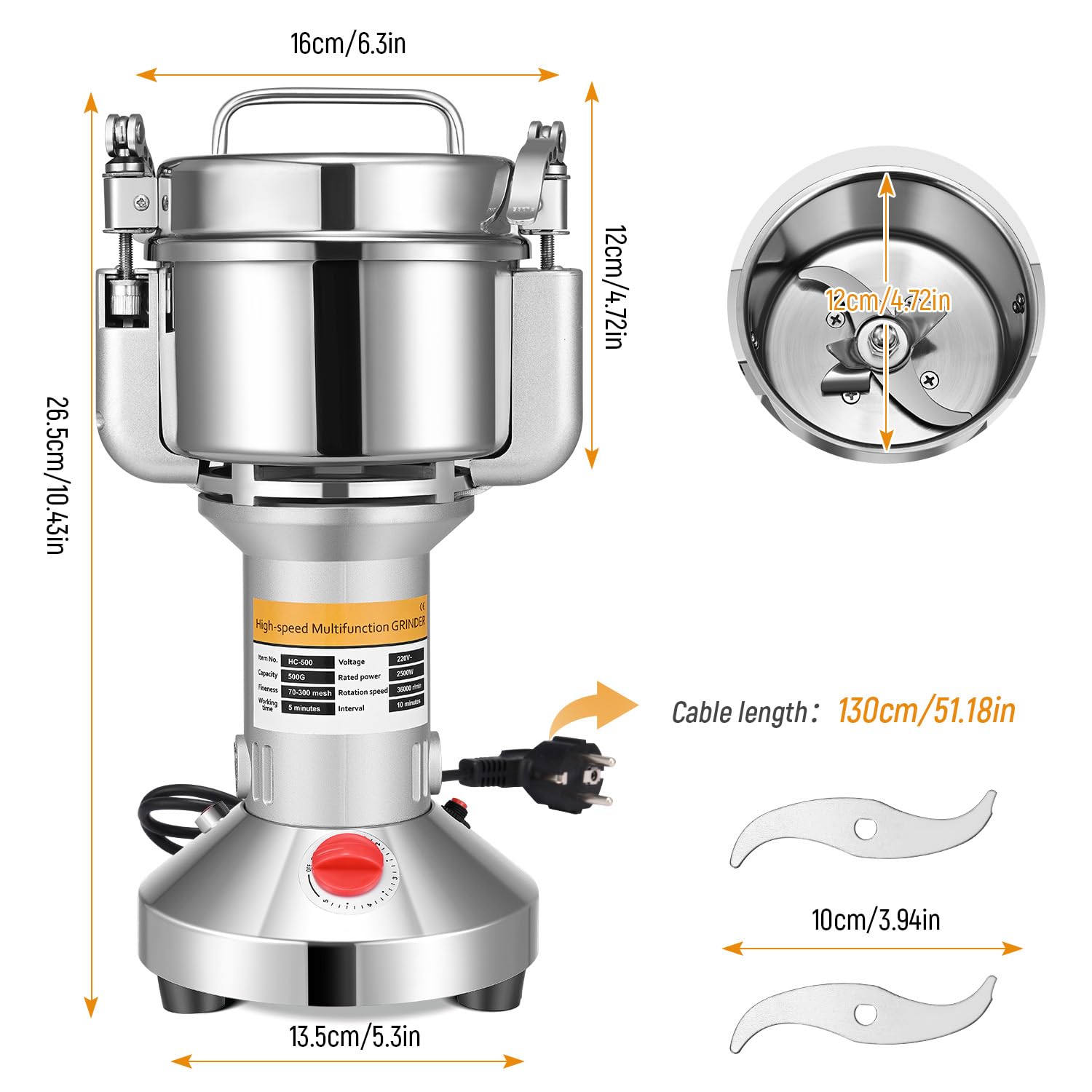 Molino de Maiz Eléctrico, Couleeur Acero Inoxidable Molienda Hierba Amoladora Molino de Harina en Polvo con Protección Sobrecarga y Función Tope Tapa Abierta para Cereal Hierba Especia Nuez (500g)