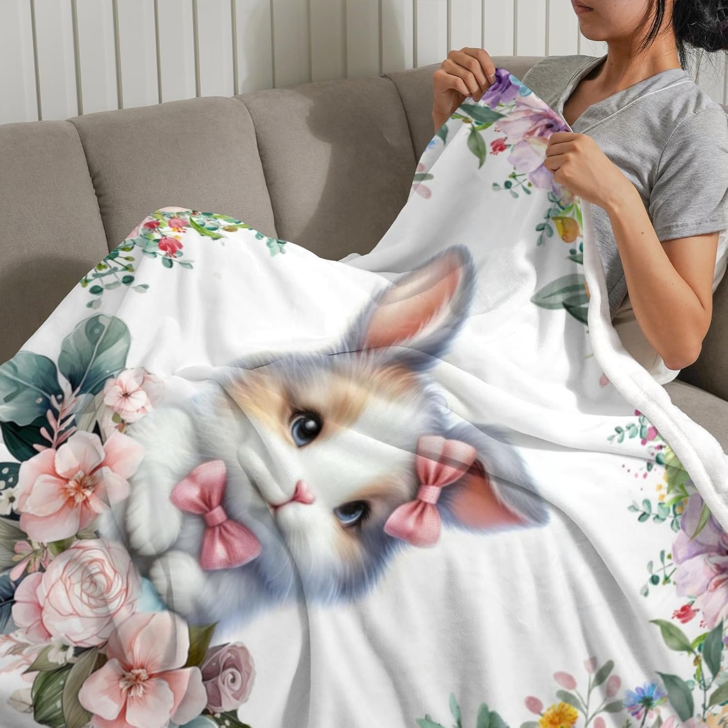 Rabbit Throw Blanket, Soft Cozy Birthday Christmas Personalized Blanket for Couch Sofa Living Room Bedroom, 60" x 80"