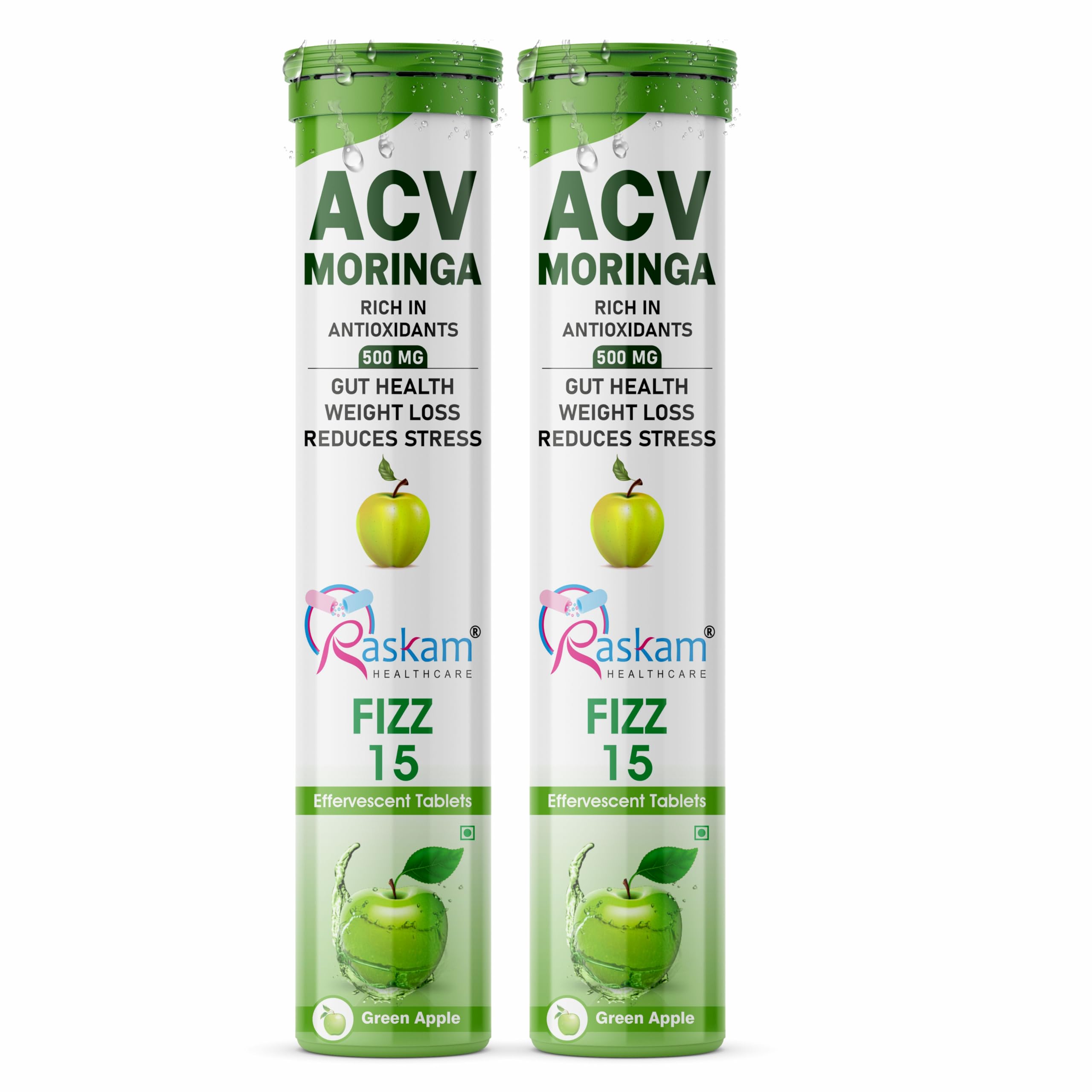 ACV Moringa 15 Fizz Effervescent Tablets | Green Apple Flavor, 500mg, | Boost Energy & Immunity Naturally with Antioxidants | (2 Packs of 15 Tablets Each)