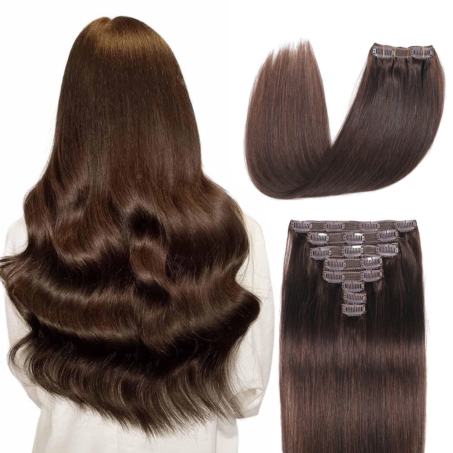 Extensions Brown Real Human Hair Darkest Brown 100g Invisible Removable Thick Straight Fishing Line 8 Pieces Per Set Clip in Extensions Human Hair (4# clip in human hair, 20 inches-100g)