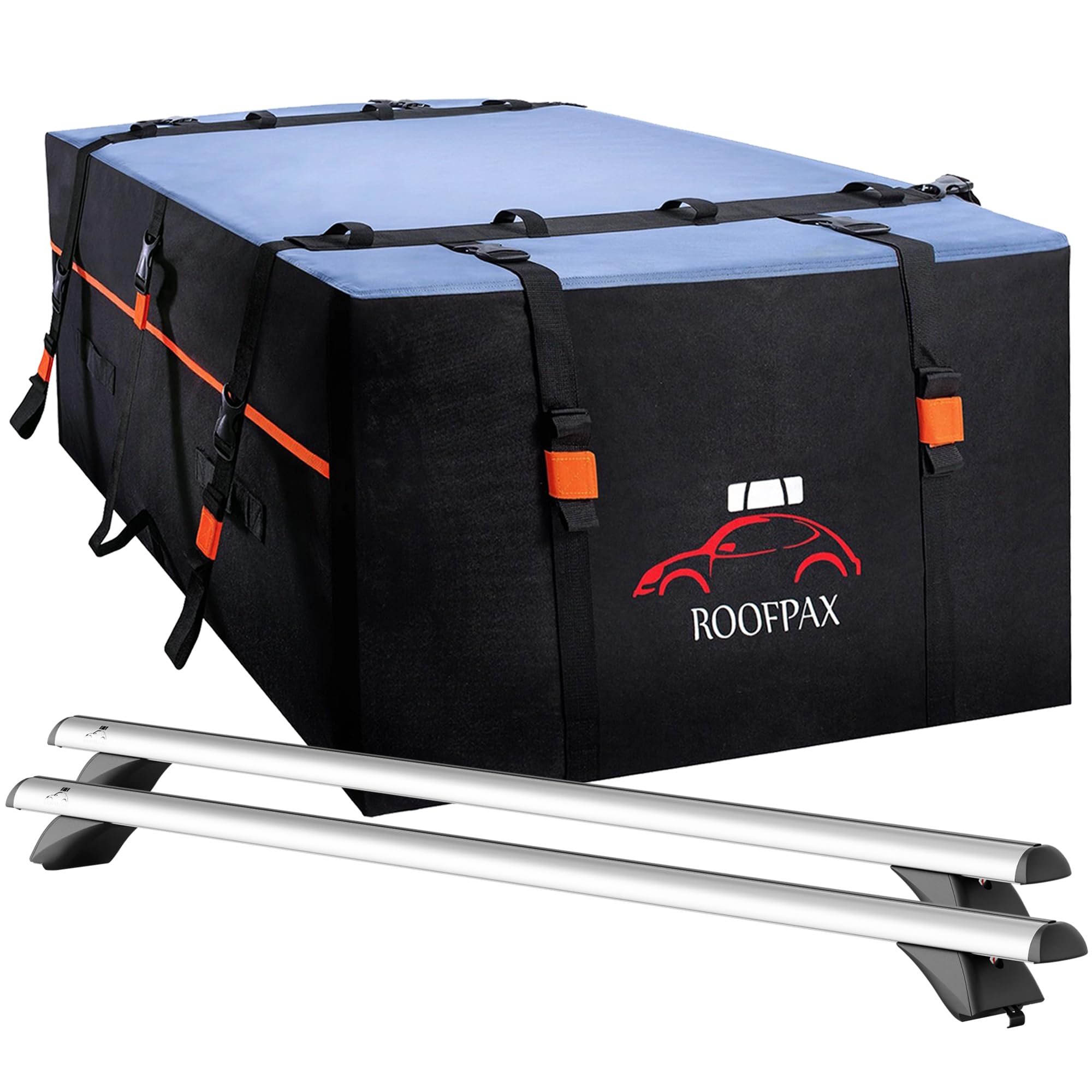 RoofPaxBundle of 15 cft. Extra Waterproof Rooftop Cargo Carrier Bag & Cross Bars for Flush Rails 53" Adjustable for SUV, Rooftop Cargo, Ski and Kayak.