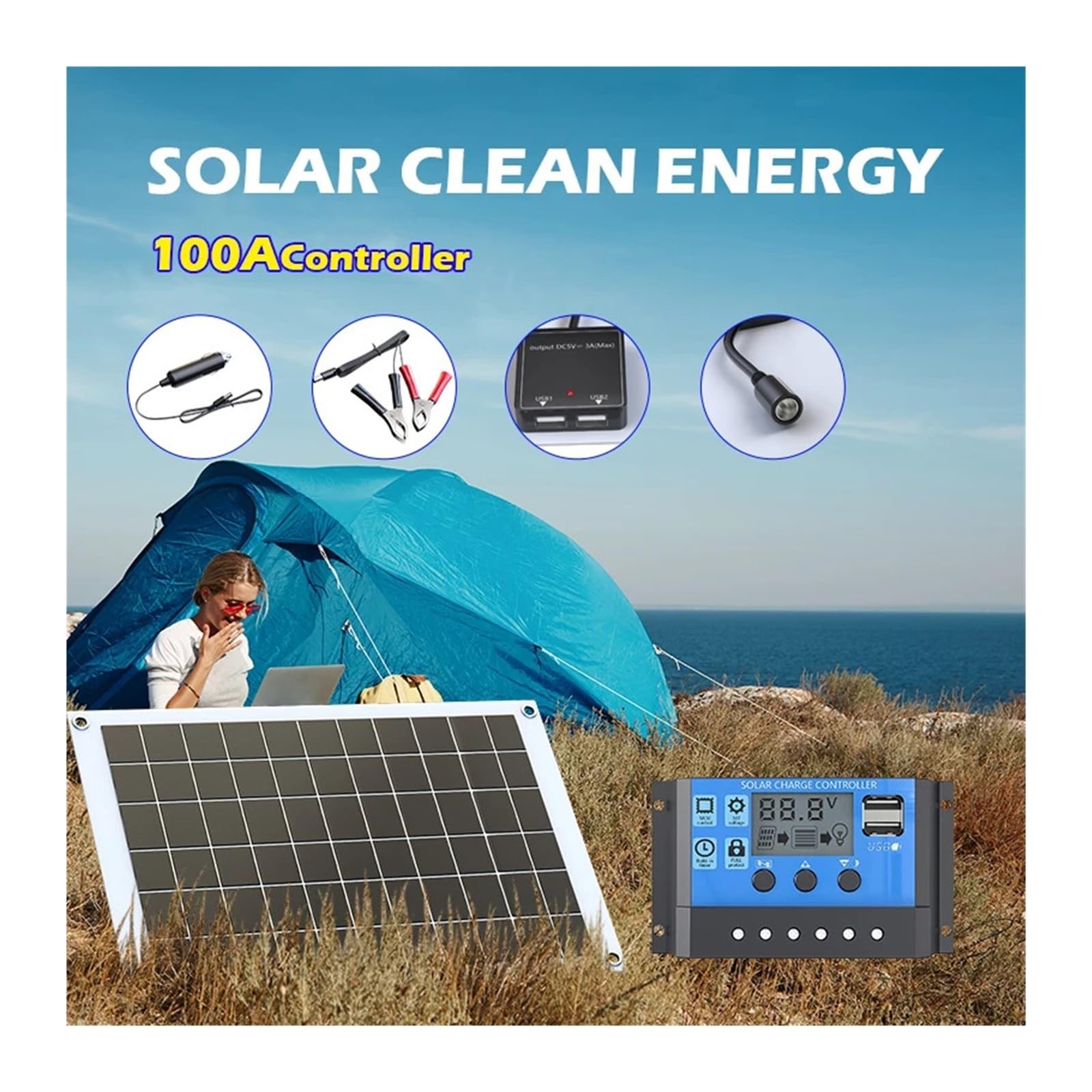 100 W 12 V Solarpanel-Set mit 60 A MPPT-Controller und USB-Anschluss – komplette netzunabhängige Stromversorgungslösung for Wohnmobil, Boot und Camping(Solar panel)
