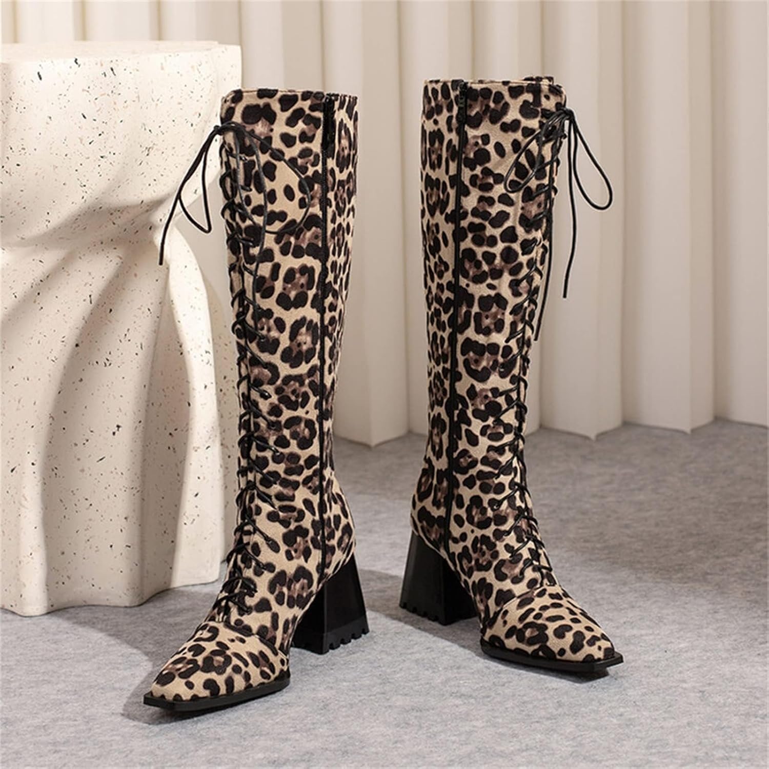 SACFOF Womens Chunky Knee High Heel Lace Up Combat Boots Square Toe Chunky Block Heel Mid Calf Riding Boot Dress Shoes