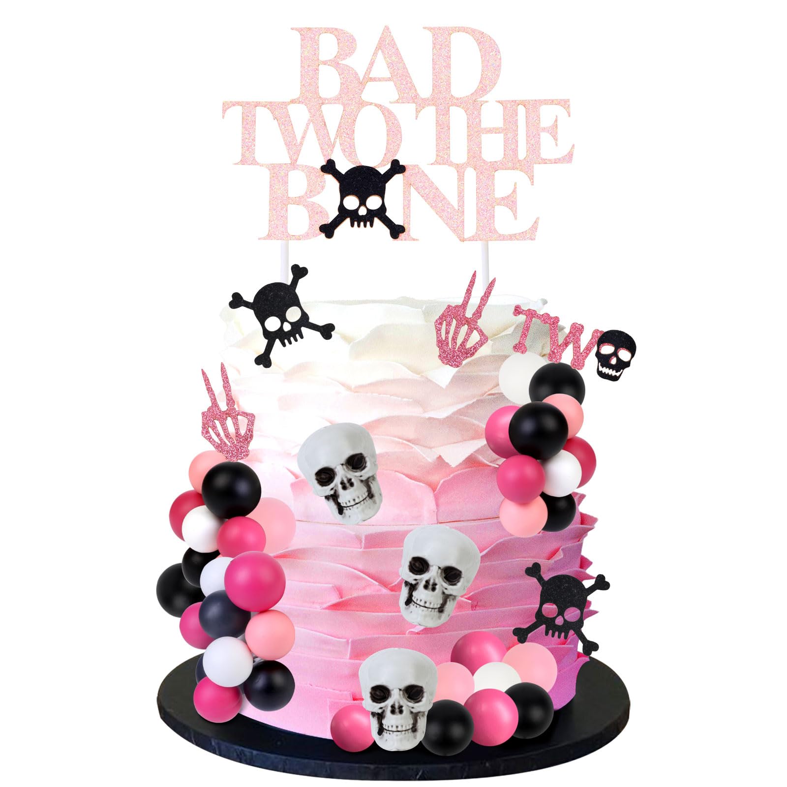 CORNER LACE Bad Two the Bone Cake Decorations for Girls Pink - Gothic Skeleton Skull Ball Cake Cupcake Toppers Ball Dessert Picks, Two Years Old Rose