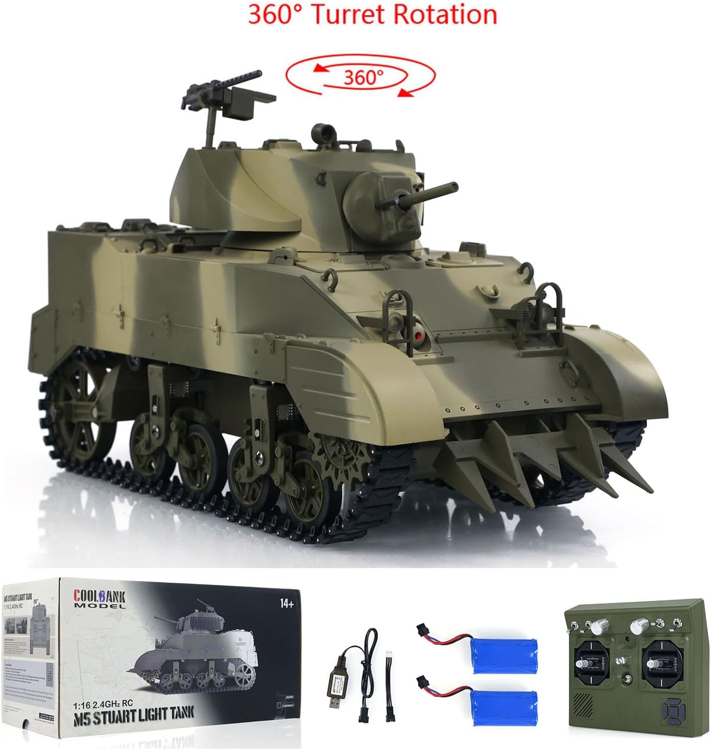 TOUCAN RC HOBBY USA M5A1 Stuart VI 1/16 RC Tank Remote Control RTR Light Tank Smoking 2 Battery for 14 yr