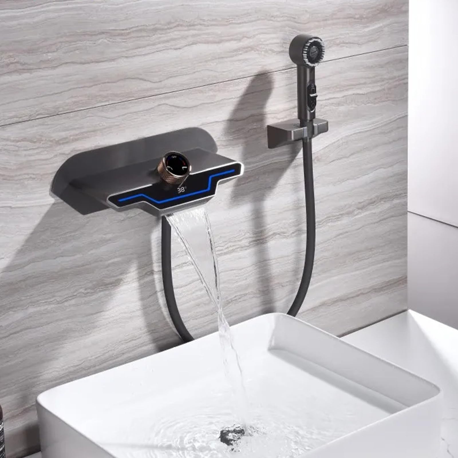 SWENEEN Modern Wall Mounted Bathtub Faucet With Handheld Shower Waterfall Tub Faucet With Temperature Display & Ambient Light Single Handle Bathroom Mixer Tap With Handshower Sys,Gun Gray