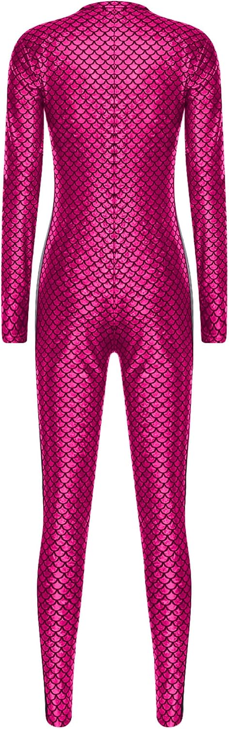 Fish-Scale Print Mermaid Jumpsuit for Women Metallic Shiny Long Sleeve Leggings Mesh Bodysuit