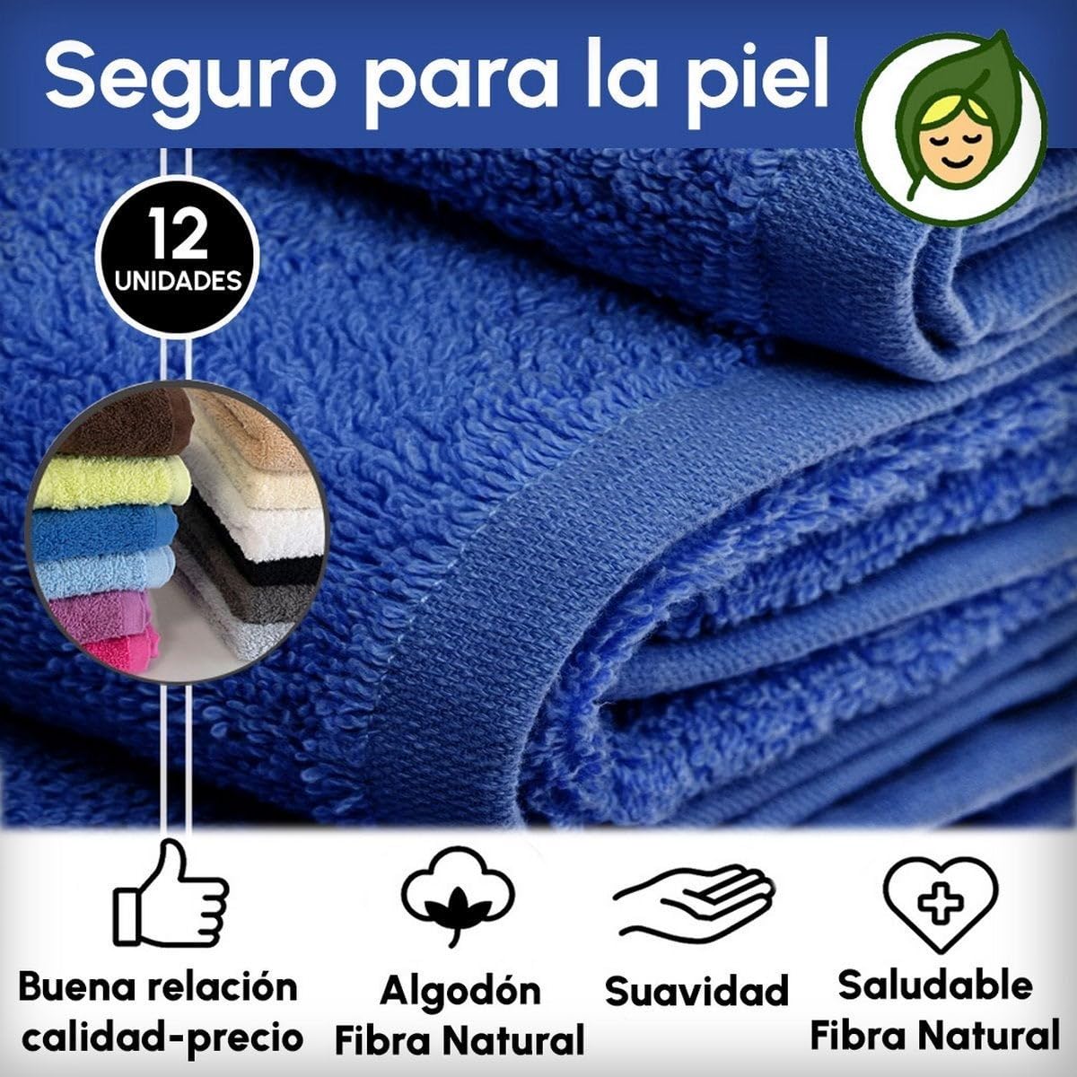 Juego de 12 Toallas Mano Azul Oscuro 100% algodón Rizo de 100x50 cm | Tejido suave de gran gramaje con alta absorción. Aptas para lavadora, de uso diario.