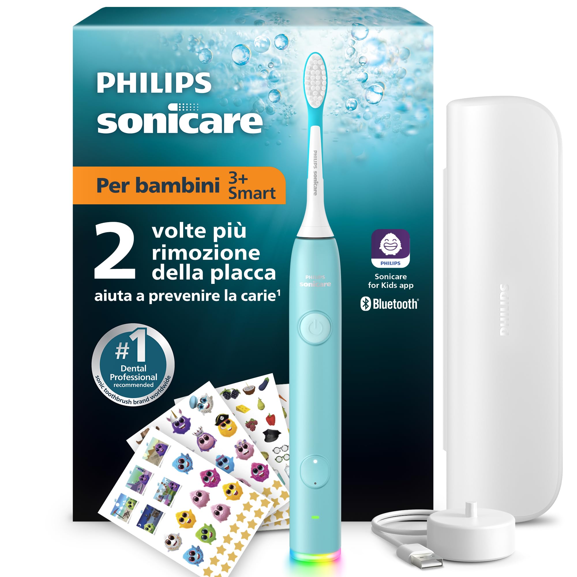 Spazzolino elettrico sonico smart Philips Sonicare for KidsCon app, dai 3 anni in su, 2 modalità delicate, timer da 2 minuti con luci e suoni, 2 testine, verde acqua, modello HX6600/13