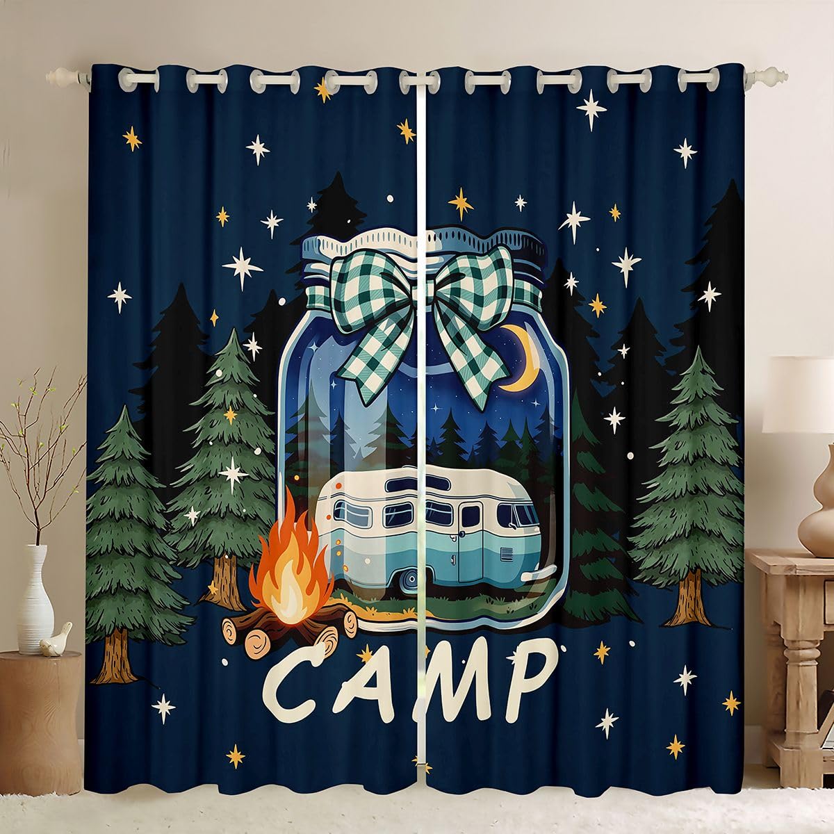 Homewish Camper Happy Camping - Tende oscuranti blu navy, 52 x 90 cm | Tende rustiche con occhielli per camera da letto, falò, tende da viaggio, rimorchi, 2 pannelli