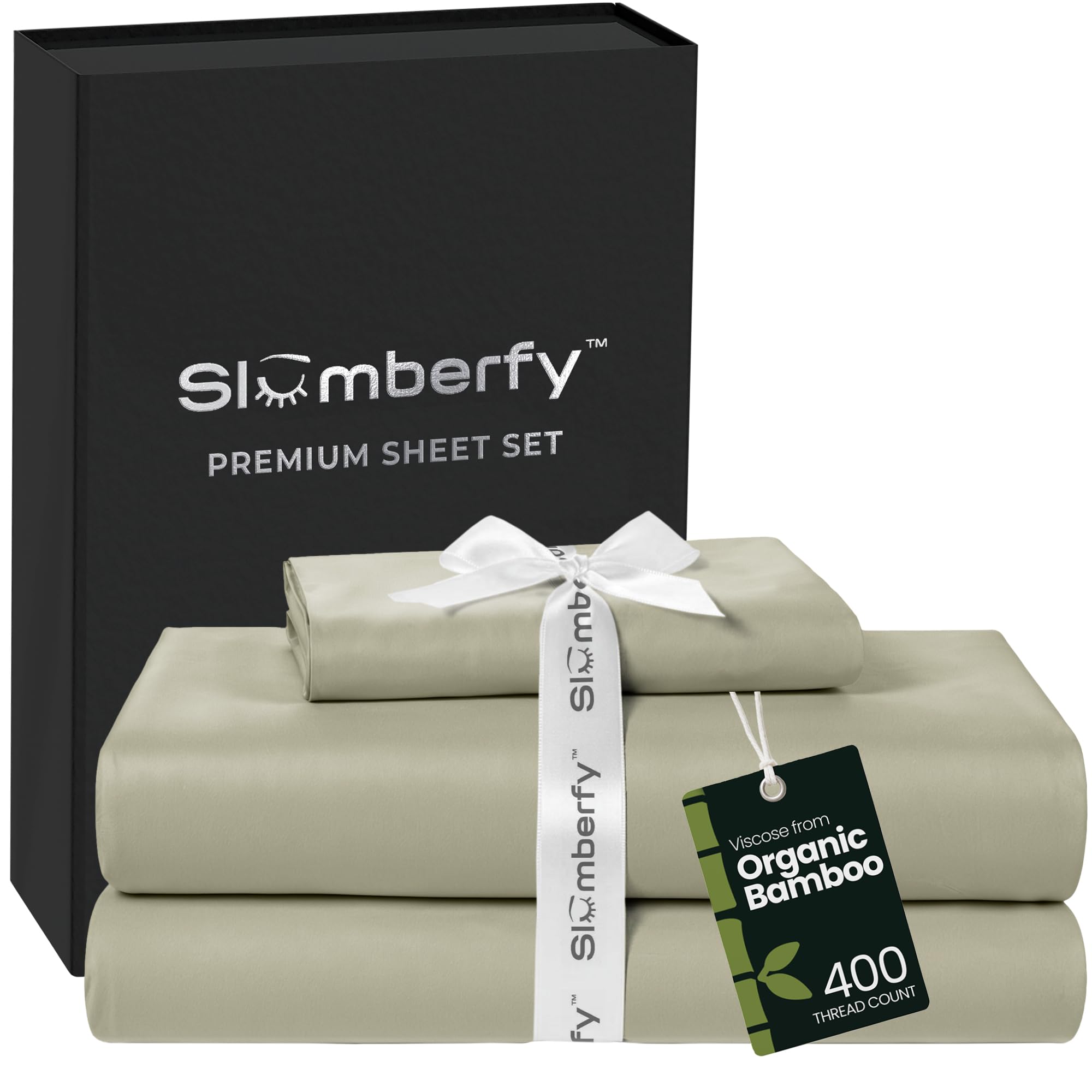 Slumberfy 3-Piece 400 TC Viscose Derived from Bamboo Sheets, Twin Size - 1 Fitted, 1 Flat, 1 Pillow Case- Deep Pocket Cooling Viscose-Bamboo Bed Sheets in Magnetic Closure Gift Box, Light Green