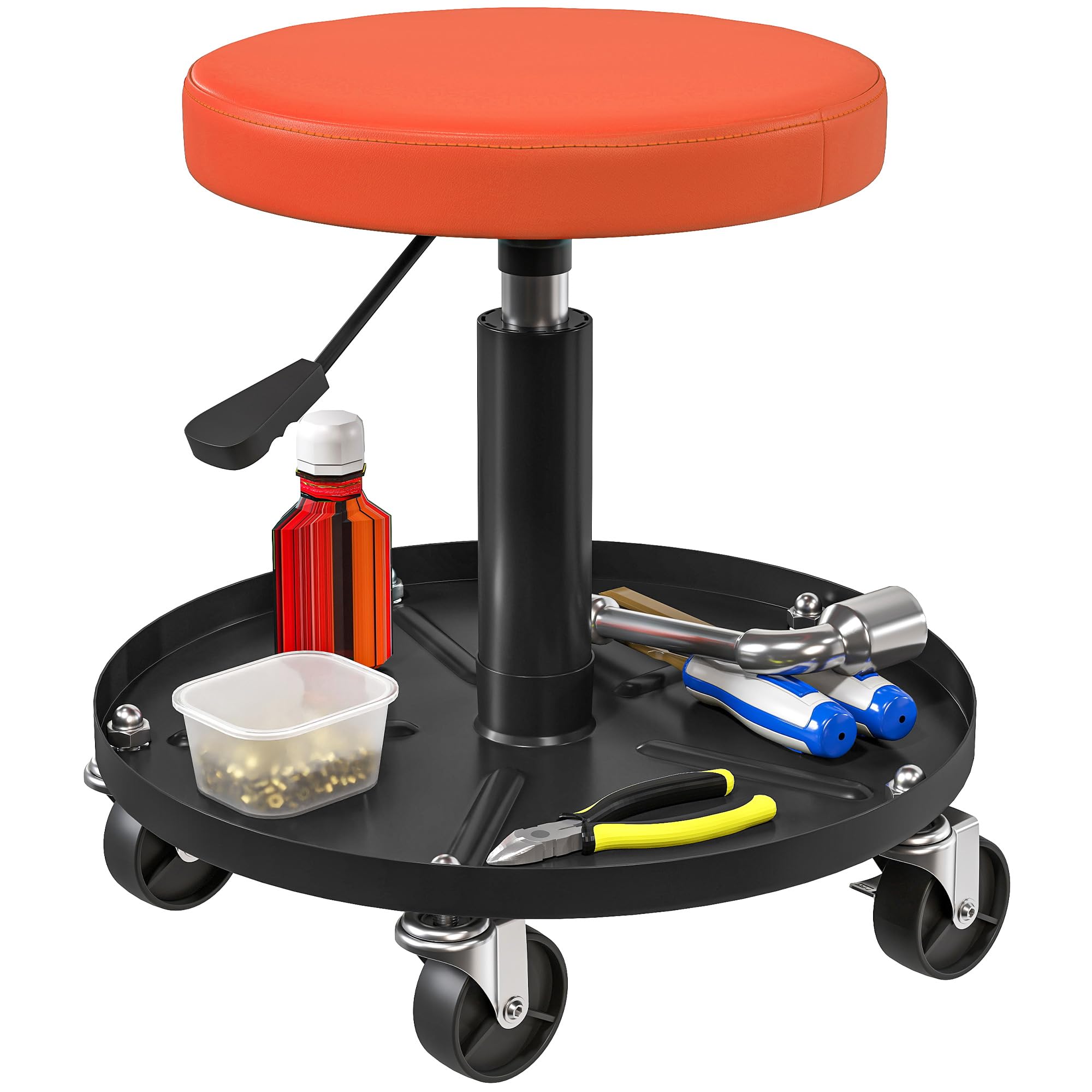 HOMCOM Tabouret d'atelier 5 roulettes 360° Hauteur Réglable 38-50 cm Orange | Tabouret de Mécanicien, Plateau à Outils, Siège d'Atelier pour Garage, Charge Maximale 135 kg