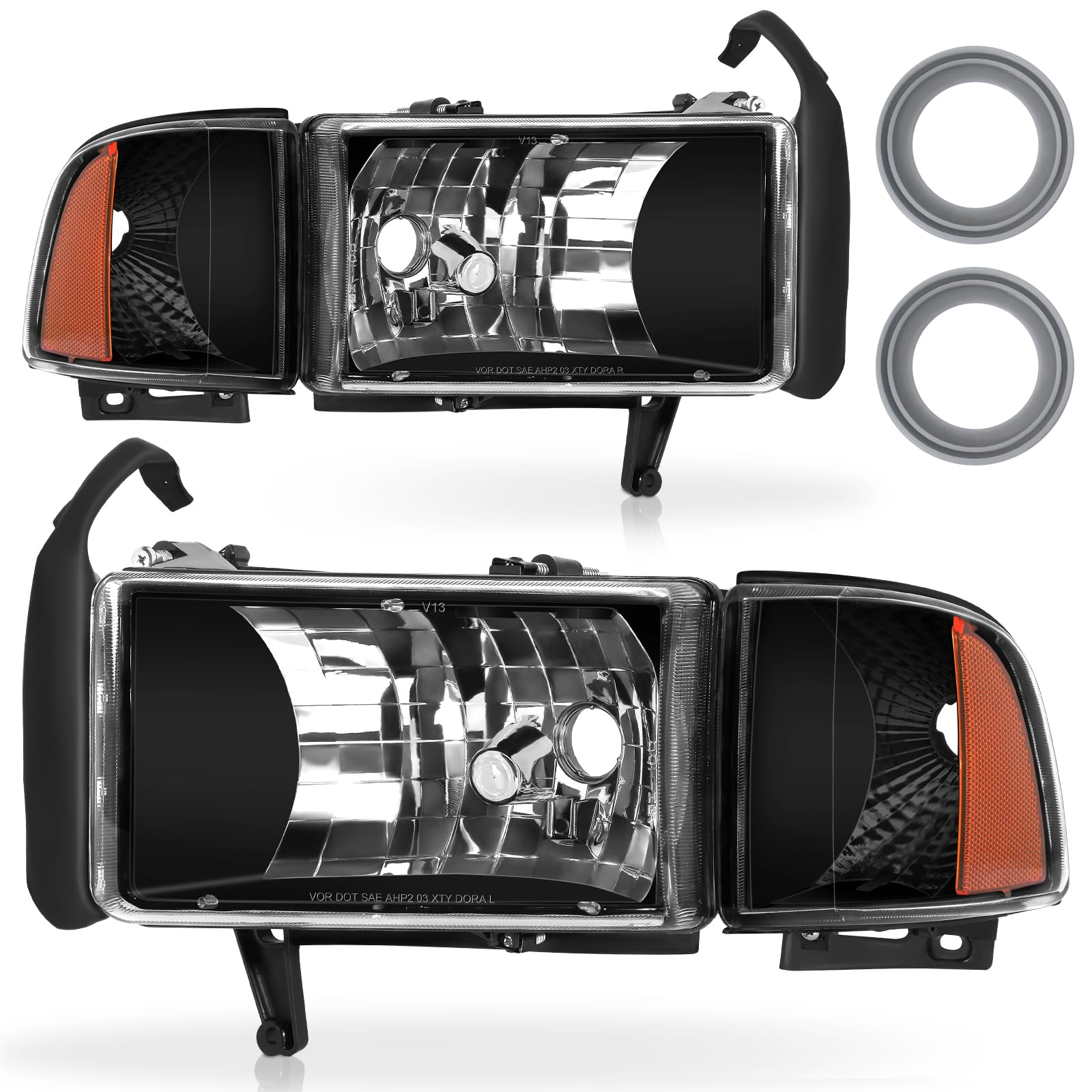 Photo 1 of Headlight Assembly Fit For 1994-2001 1994 1995 1996 1997 1998 1999 2000 2001 Dodge Ram 1500 94-01 1994-2001 Dodge Ram 1500/1994-2002 94-02 Dodge Ram Pickup 2500 3500 Headlights Black Housing Amber Reflector Black Housing