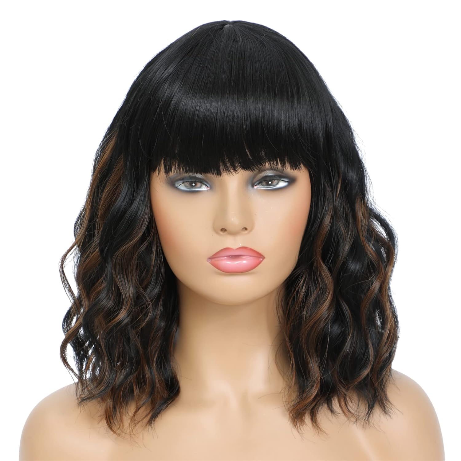 FREESHOW Black and Brown Wig Highlight 14in Wavy Short