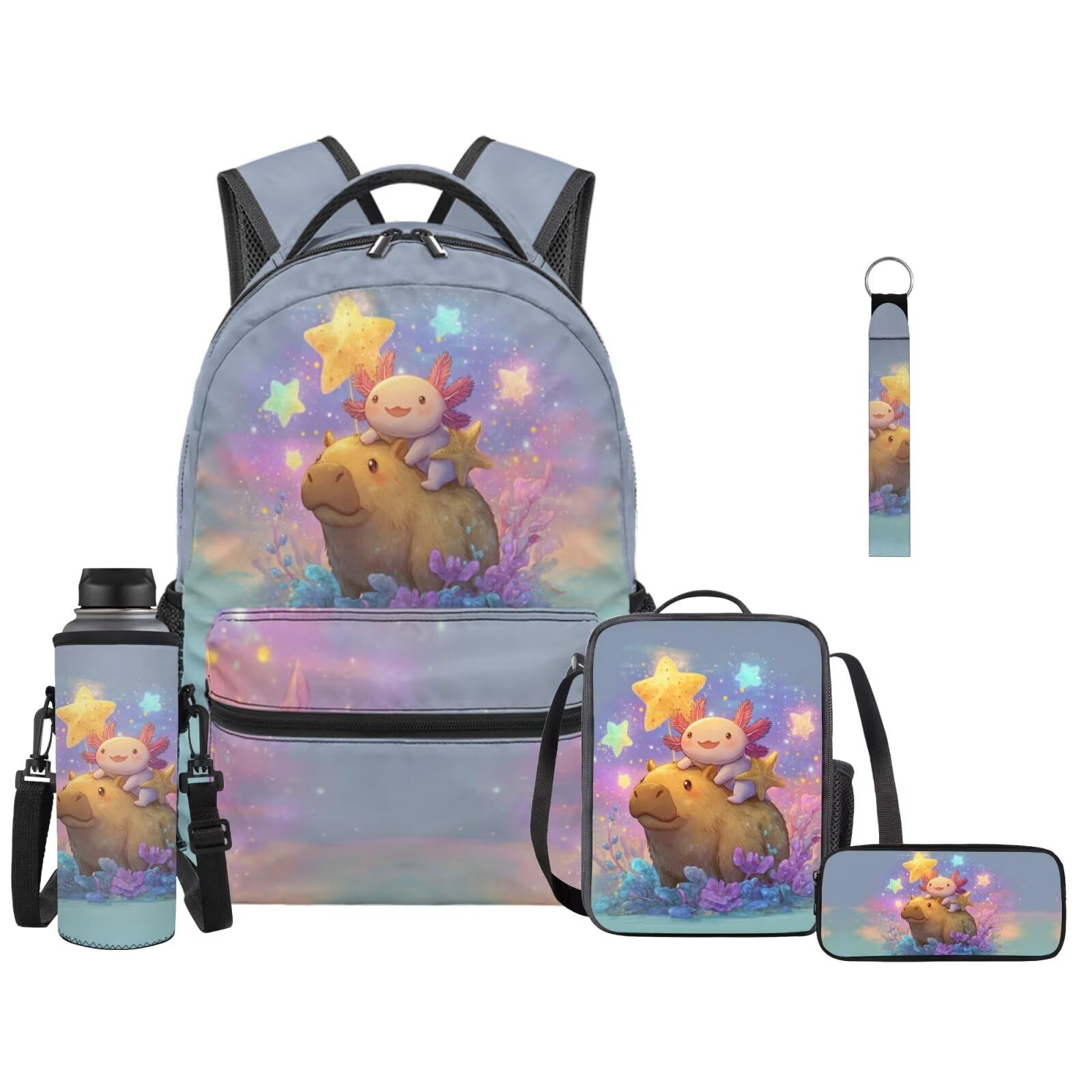 Schulrucksack für Kinder, mit Lunchtasche, Federmäppchen, Mädchen, Jungen, 5 Stück, Capybara Axolotl, Tagesrucksack