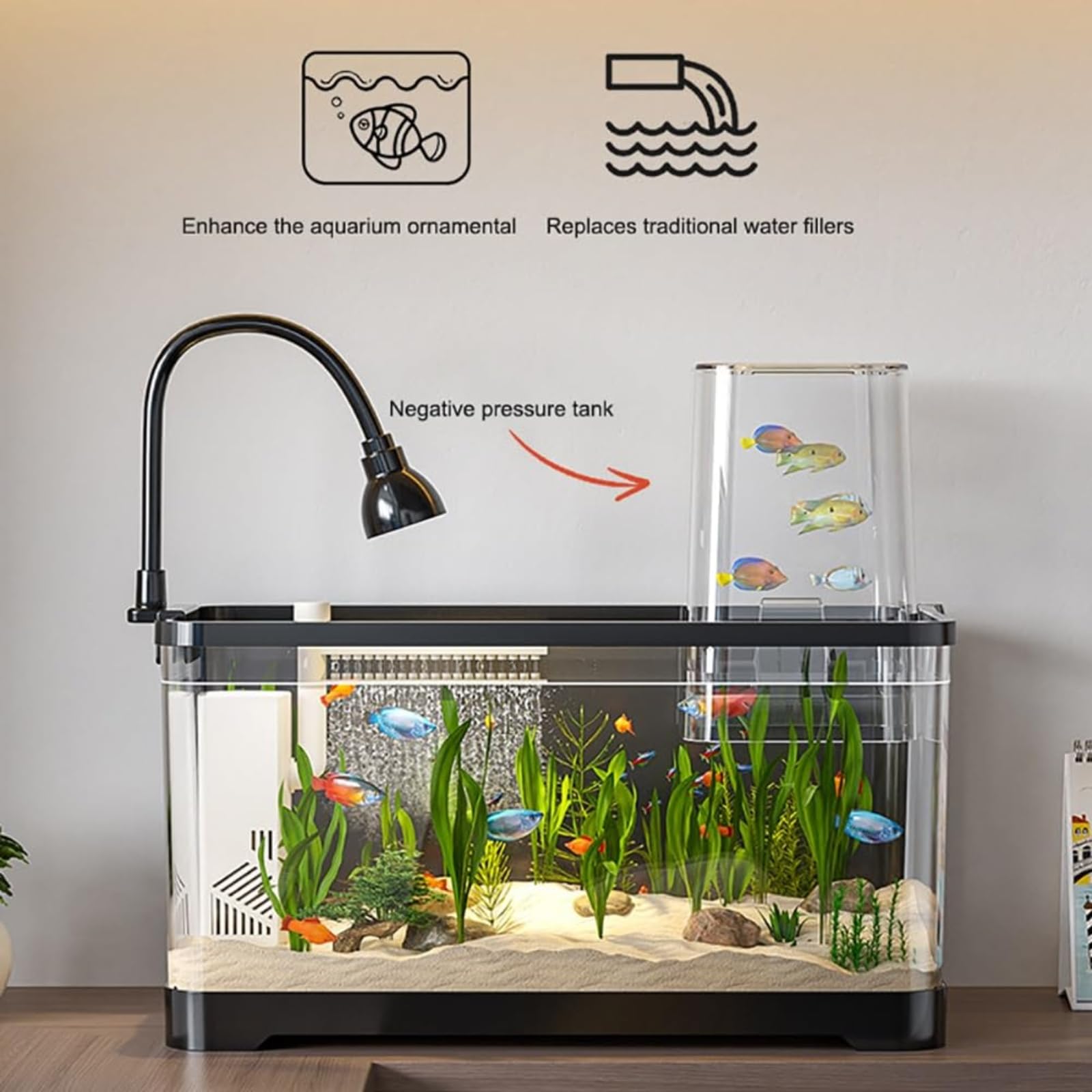 Zestaw do akwarium, akwarium podciśnieniowe, zawieszenie próżniowe, małe kreatywne akwarium, ekologiczny zbiornik do kształtowania krajobrazu, plastikowy zbiornik na ryby w salonie black