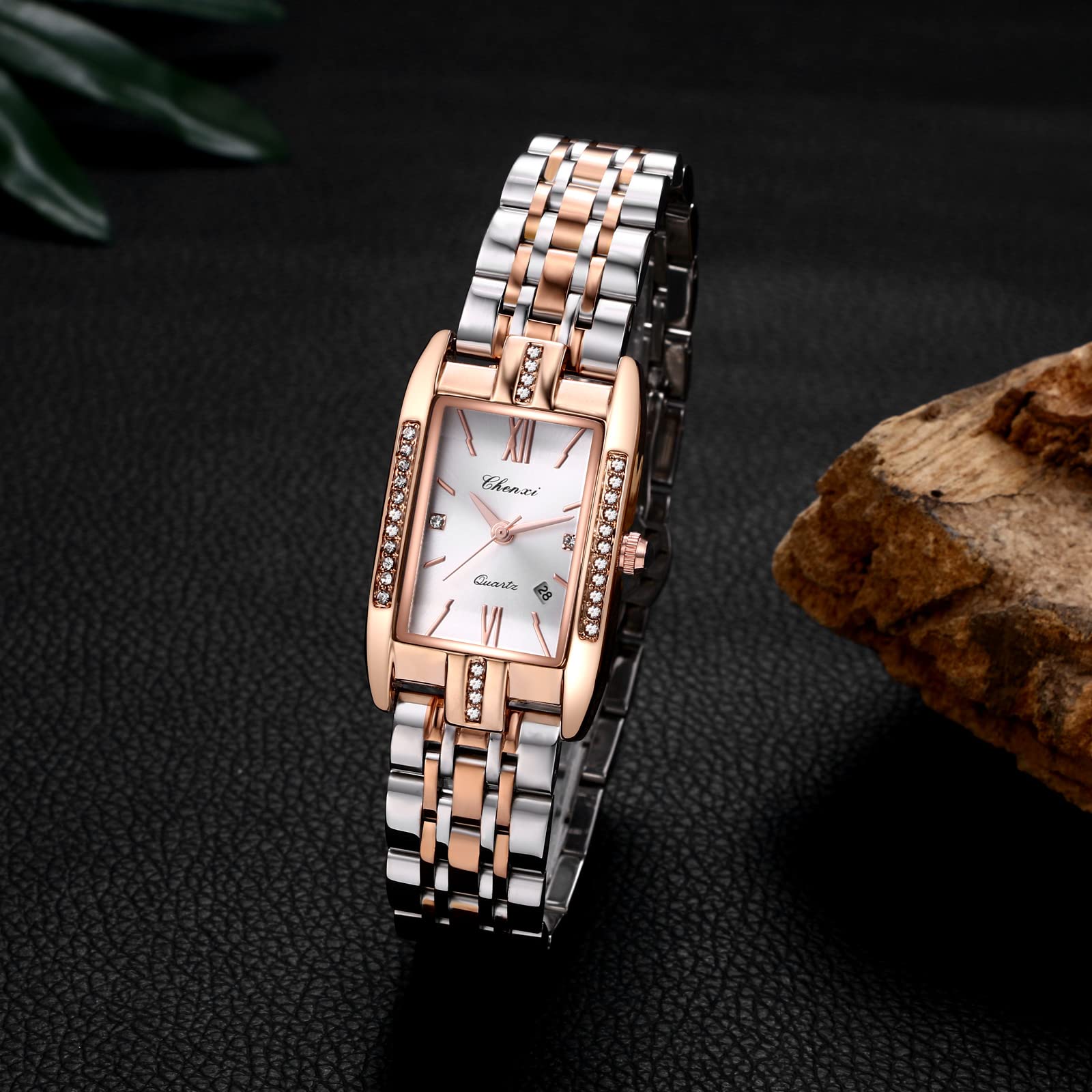 OIDEA Rechteckige Analoguhr für Damen: Quarzuhr mit Strasssteinen für Damen, Armband aus Edelstahl, abnehmbar, für Freizeit, Business, Geschenk