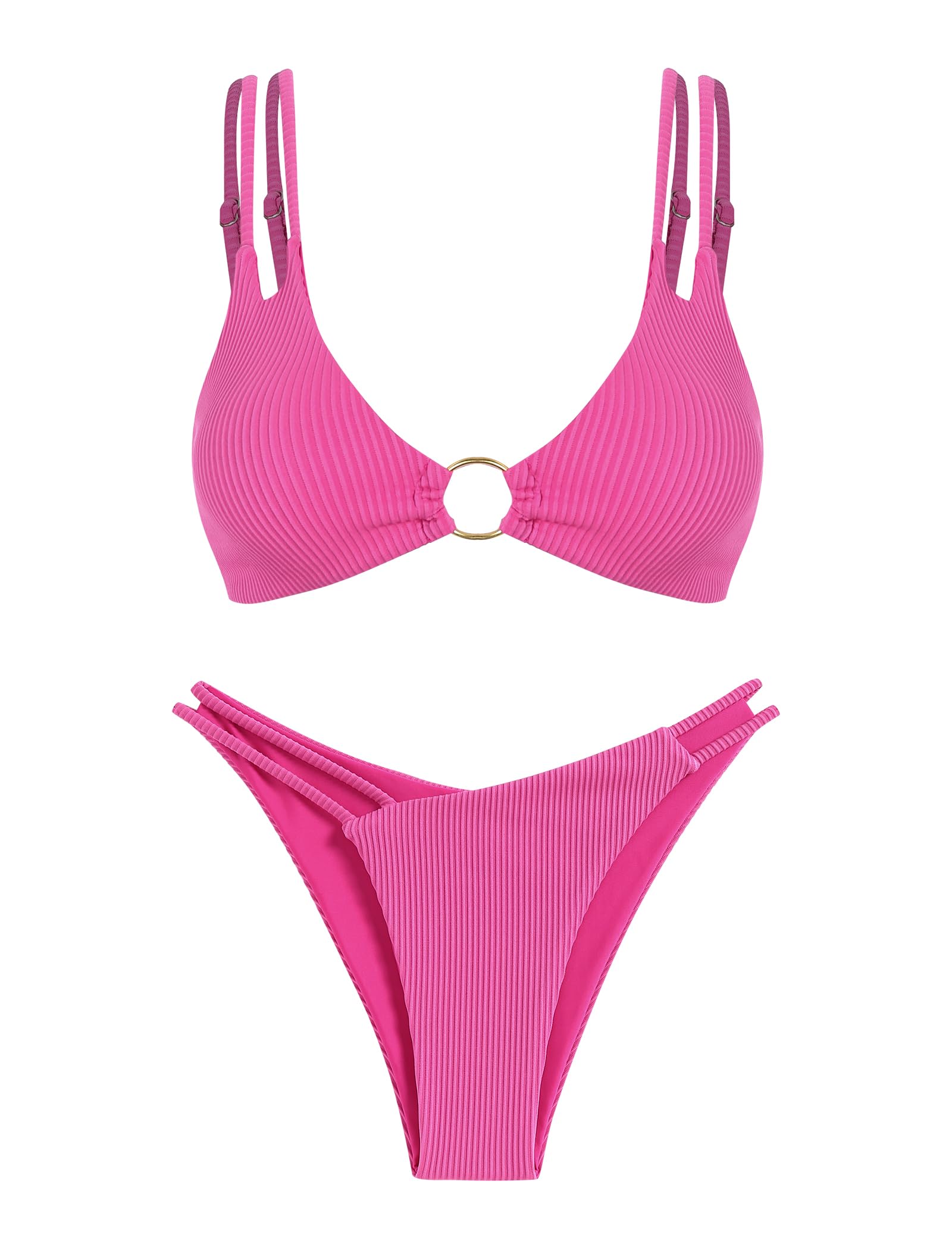 ZAFUL Women's Ribbed O-Ring String Bikini Swimsuit Cheeky Bikini Sets for Women Two Pieces Bathing Suit