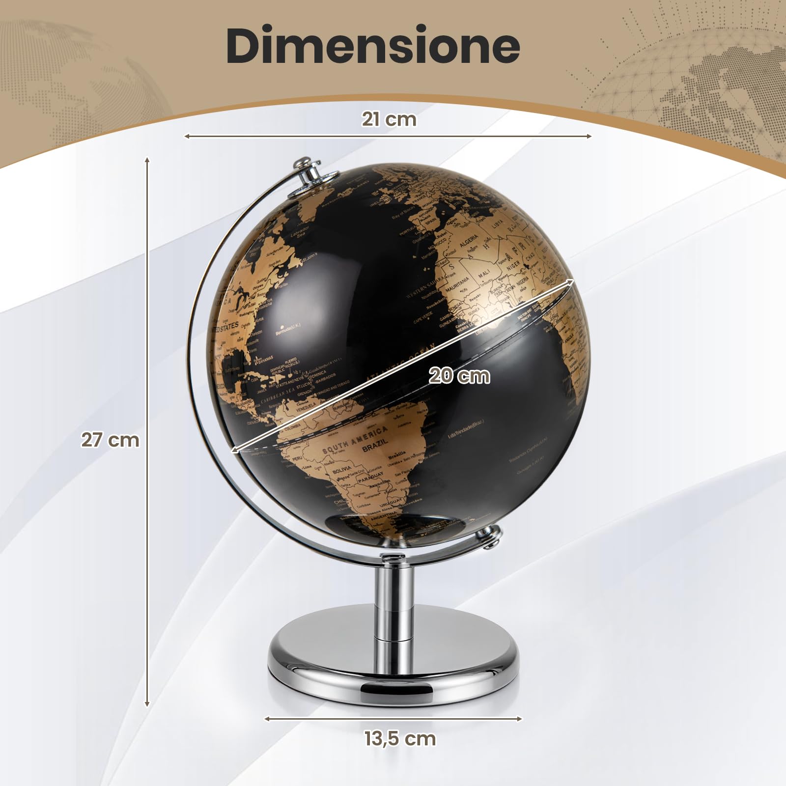 COSTWAY Mappamondo con Base, Mappamondo Accurato in l’Inglese (Dorato) | Base in Metallo, Globo Educativo 21 cm, Decorazione Moderna per Scrivania, Casa, Ufficio, Scuola