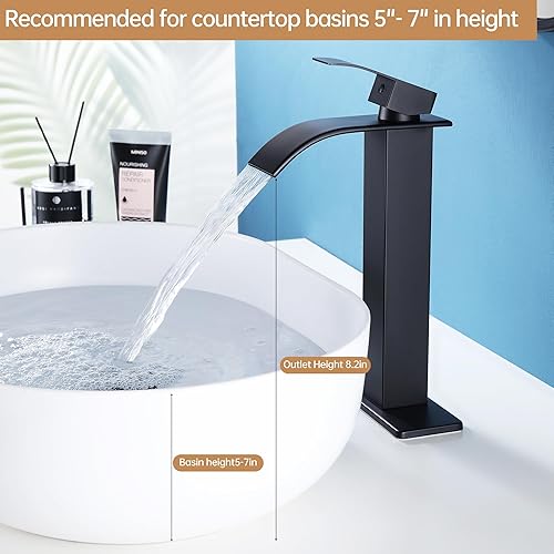 Miniatura 4 de Fransiton Grifo de lavabo alto de recipiente negro mate para lavabo de baño, grifo de baño alto de cascada de una sola manija, grifo de lavabo de 1