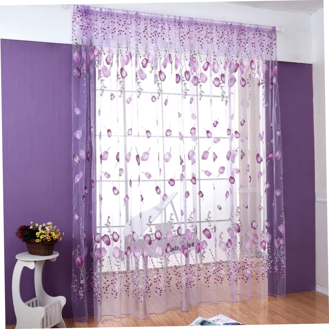 Hperu Sheer Voile Window Curtains, Tulle Printed Curtains for Living Room Bedroom Home Decoration, Purple 100 * 200cm Light Filtering Sheer Voile