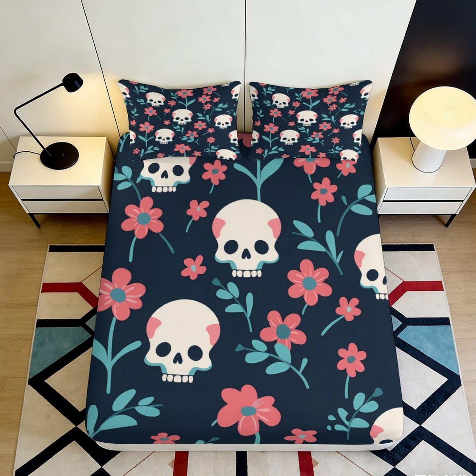 Decor Skull Fitted Sheet, 3D Printed Floral Bed Cover, Microfiber Soft Touch, Wrinkle Resistant, Home Bedroom, Apartment Bedding, Easy Care, 100-120cm 90x200x25cm