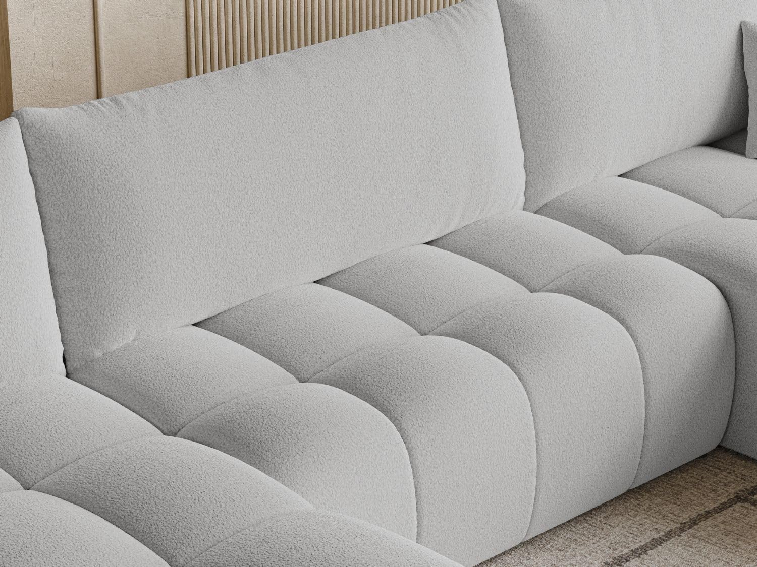 GRAINGOLD Neva U Ecksofa mit Schlaffunktion & Bettkasten 370x170 cm, U-Form Sofa mit Stauraum, Schlafcouch für Wohnzimmer, Bouclé-Stoff, 5-Sitzer Wohnlandschaft, Modernes Design (Dunkelgrau)