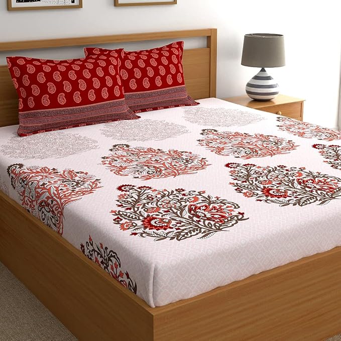 My Room 100% Cotton Fitted King Bedsheet with 2 Pillow Covers Cotton, 140tc Floral Red Bedsheets for King Bed Cotton 72 x 78 or 6ft x6.5ft
