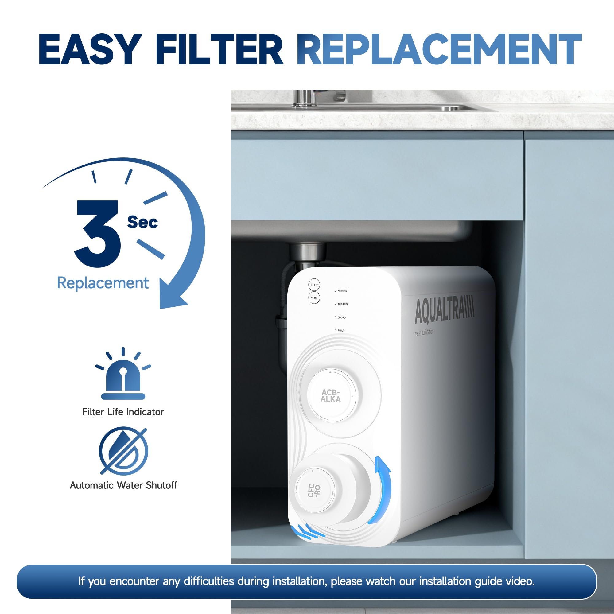 AQUALTRA CFC-RO-1000G Filtro RO repuesto para USF-AR-1000 Sistema de ósmosis inversa bajo fregadero, vida útil 24–36 meses – alto caudal 1000 GPD, relación 3:1 ahorradora de agua, elimina hasta el 99%