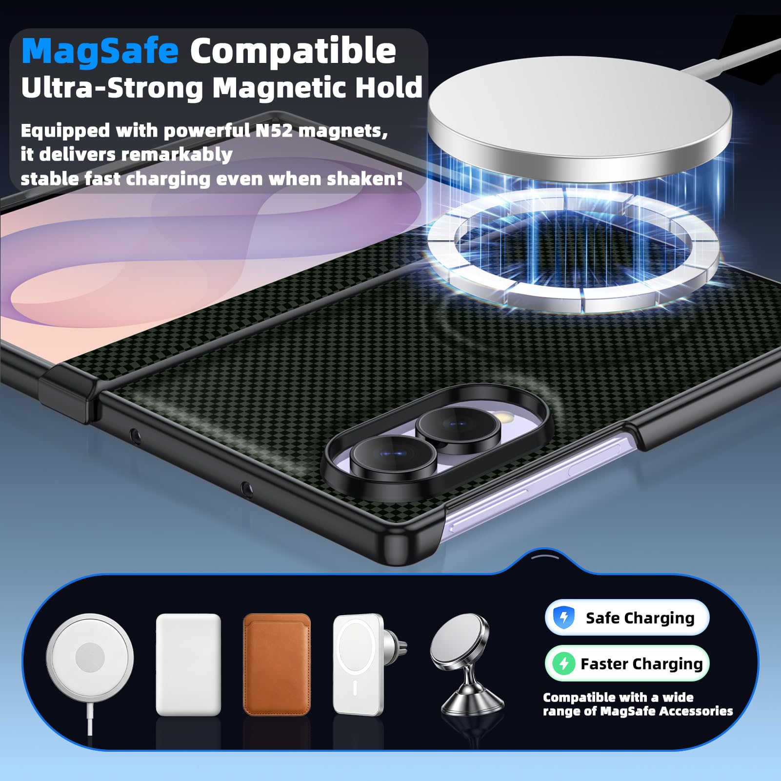 Custodia per Galaxy Z Fold 8, compatibile con MagSafe verde | Custodia rigida pieghevole sottile protettiva con cerniera, design a griglia in carbonio antiurto completo per uso aziendale