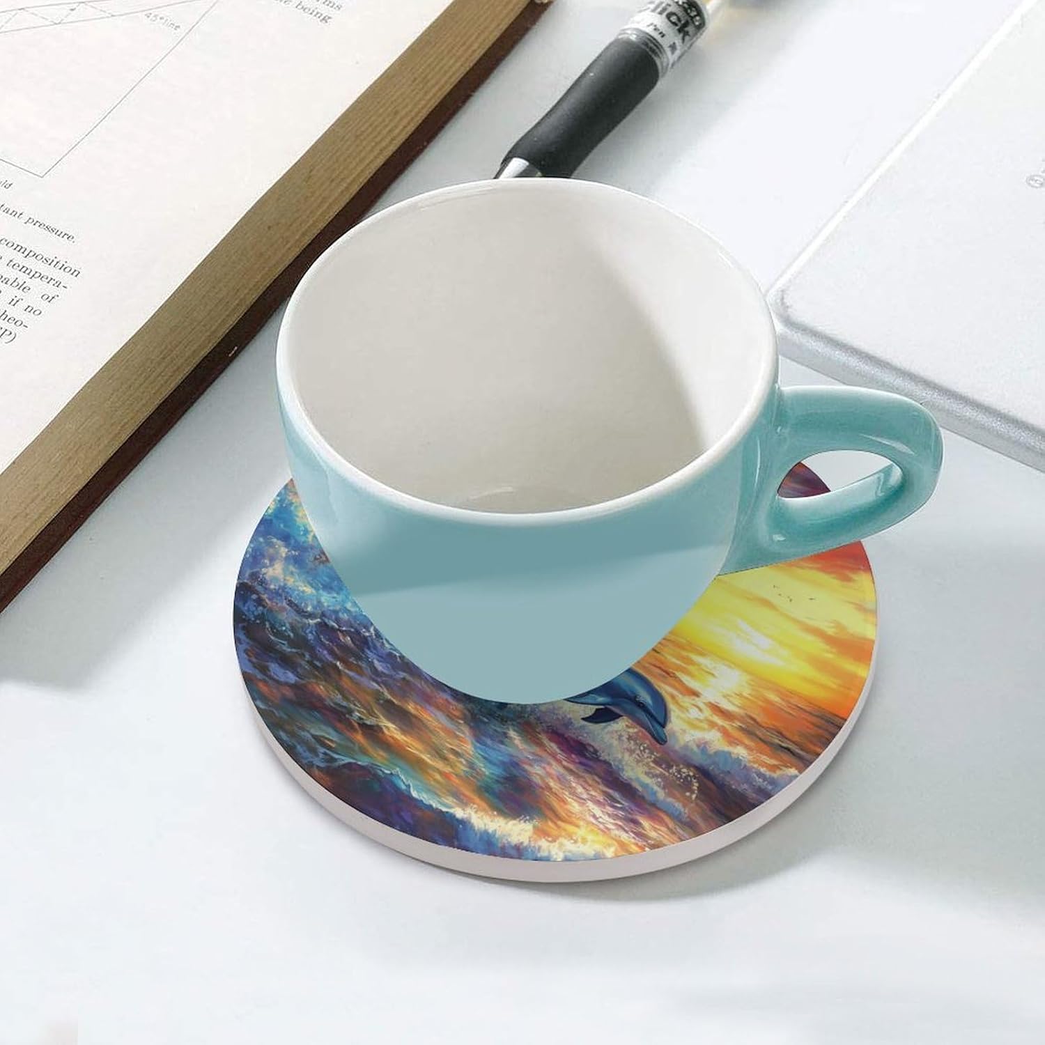 Horse Dolphin Sunset Funny Round Ceramic Coasters for Drink Absorbent Cup Holders Tabletop Protection