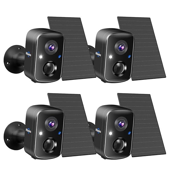 Hiseeu Security Cameras Wireless Outdoor, 4pcs Solar Powered 3K 4MP Surveillance WiFi Cameras for Home Security Outside, PIR/AI Motion Detection, Waterproof, Color Night Vision, 2-Way Audio, Black