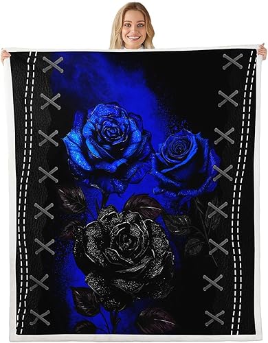 Manfei Manta de rosas azul rey, manta para cama de flores negras, para decoración de habitación de niños, niñas, adultos, manta floral botánica para