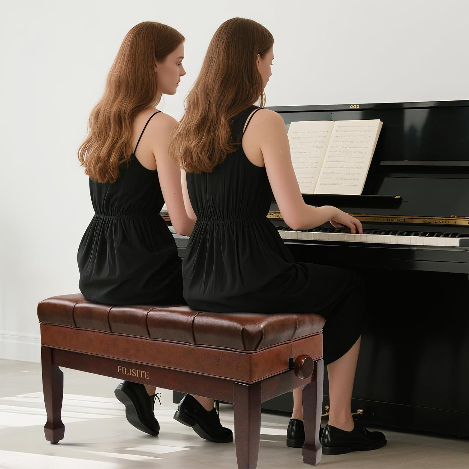 Genuine Leather Duet Piano Bench with Storage,Adjustable Heavy Duty Wooden Double Keyboard Seat XHJ-11G(Brown)