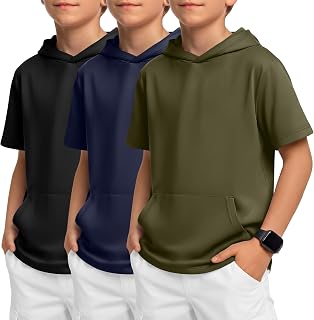 Halfchet 3 Pack Boys Short Sleeve Hoodies 5-14y | Lightweight Sweatshirts, Kids, Loose, Casual, Active, Athletic, Pullovers, with Pockets
