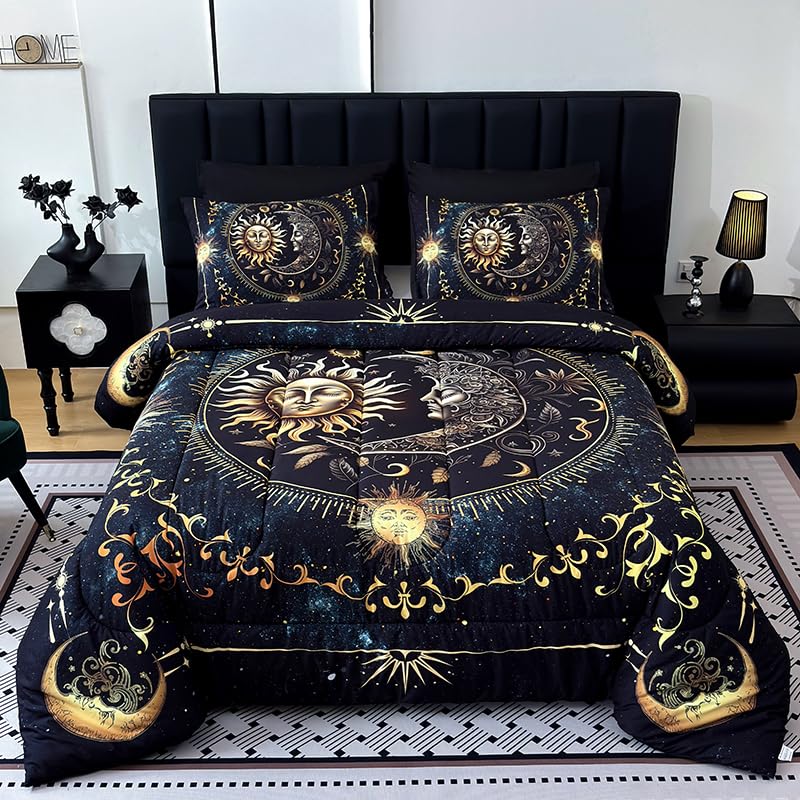 Celestial Sun Moon Stars Bedding Set, Gold and Navy Blue, Thickened Comforter with...