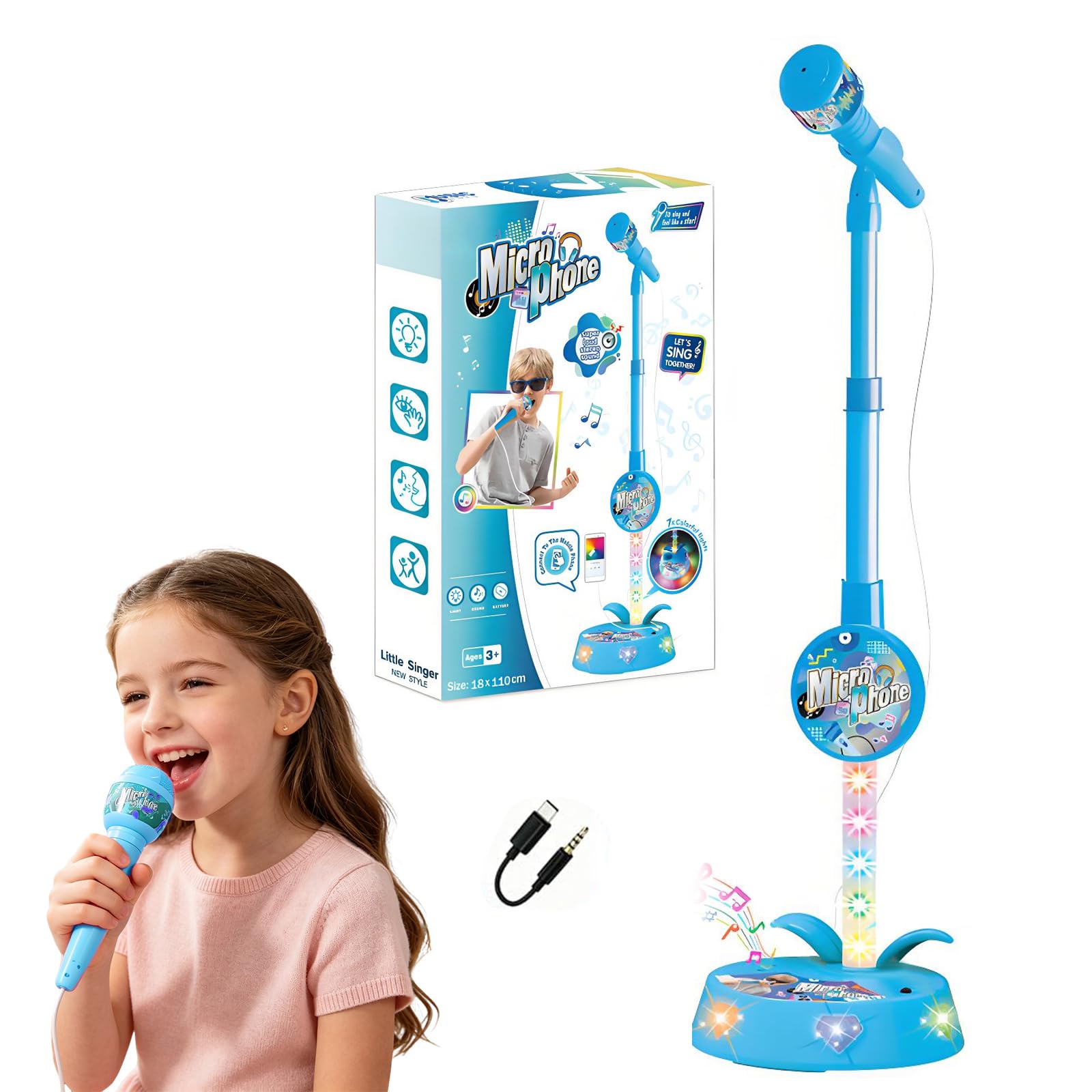 Kids Microphone and Stand,Adjustable Height,Adjustable Kids Karaoke Machines with Flashing Stage Lights, Stand Up Kids Microphone Stand, Singing Toys Gifts for 3-8 Year Old Girls Boys