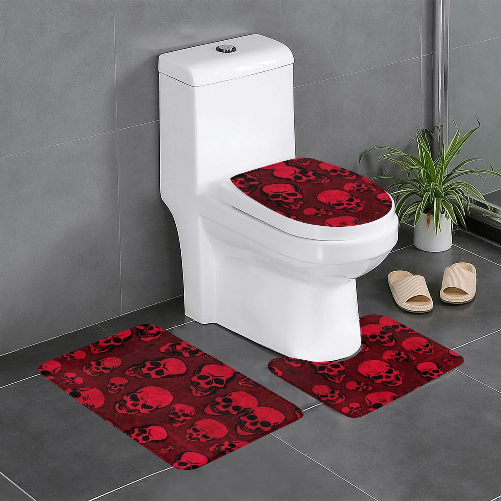 Tapis de salle de bain crânes rouges lot de 3 pièces au motif imprimé gothique