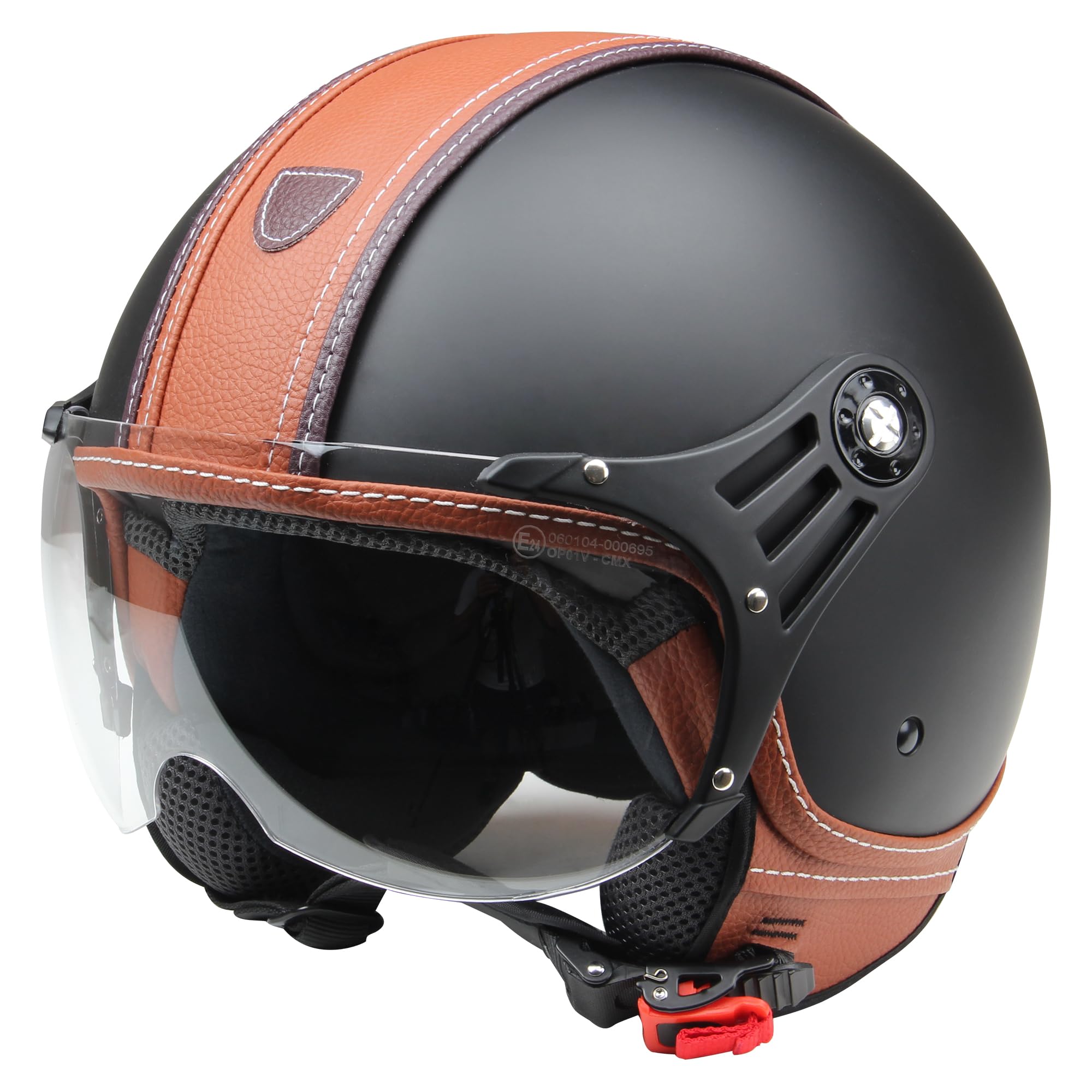 Citromex Casque Moto Casque Jet Roller Casque Hazel, Noir Mat/Cuir Marron, M