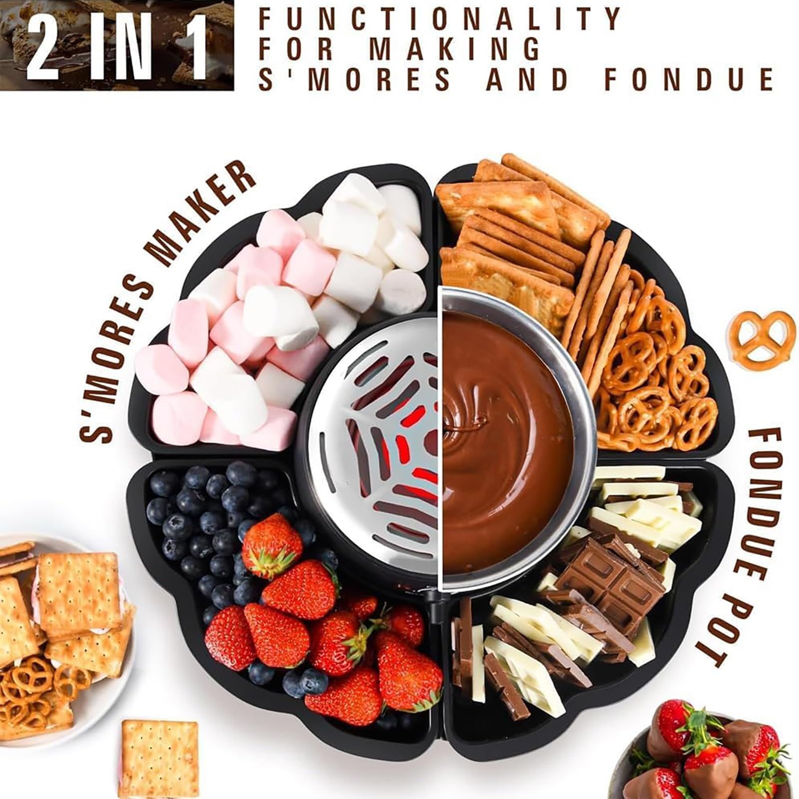 S'Mores Maker & Fondue Pot - Juego de fondue eléctrica 2 en 1 con 4 tenedores para asar, 4 bandejas desmontables y calentador sin llama con control de temperatura