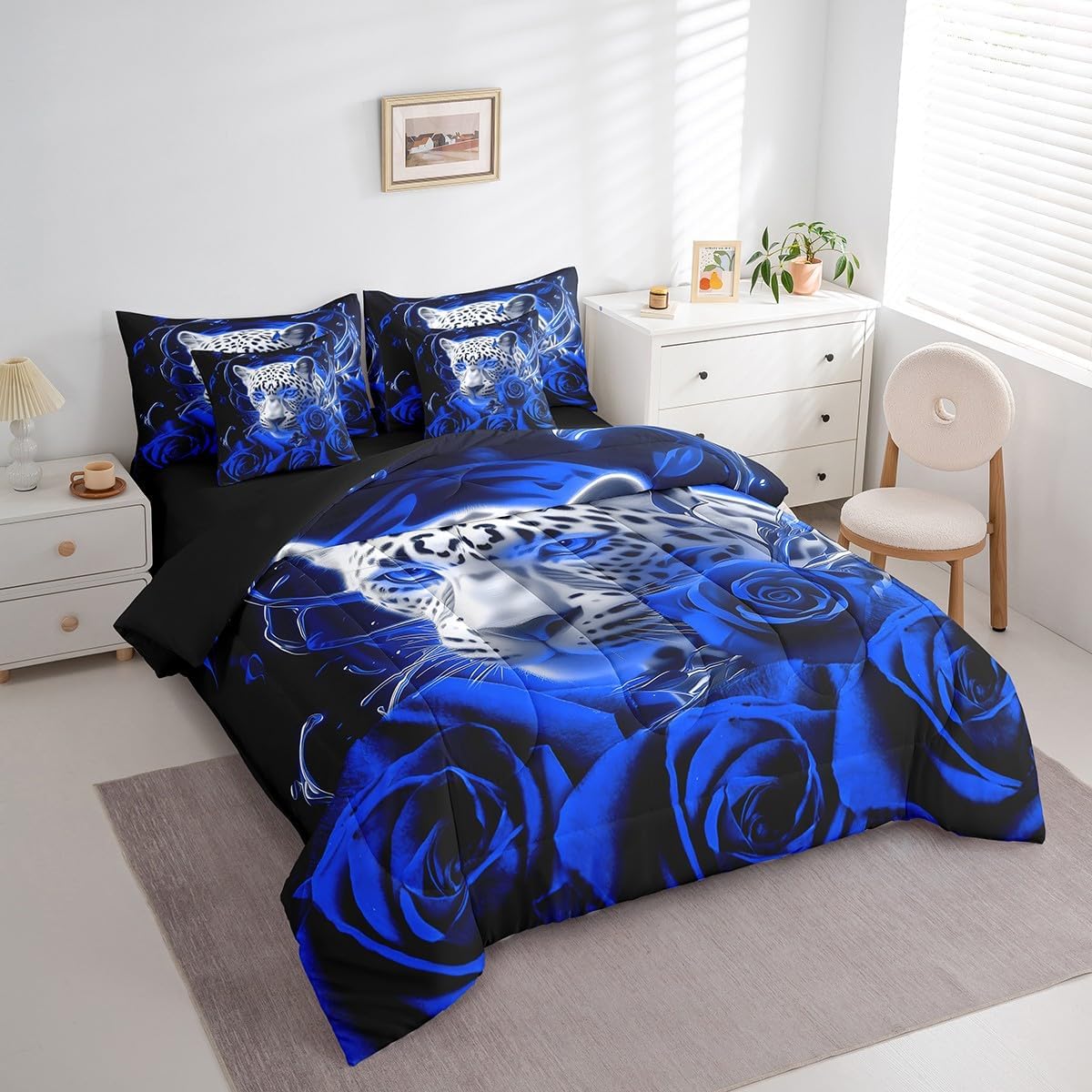 Feelyou Rose Leopard 7 Piece Bedding Set Blue Black Animal Floral Comforter Set with Sheets King Size for Teens Boys Girls Blue Rose Bed in a Bag Soft Leopard Bed Set