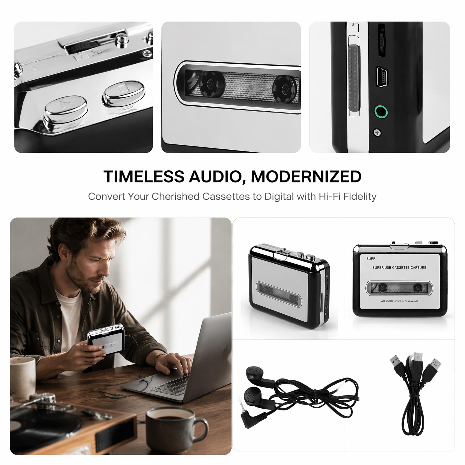 Magnétophone Portable, Lecteur de Cassettes Portable, Convertisseur Audio USB Cassette vers MP3, Lecteur de Cassettes avec Prise Casque 3,5 mm, Mini Magnétophone pour Ordinateur Portable (Noir)