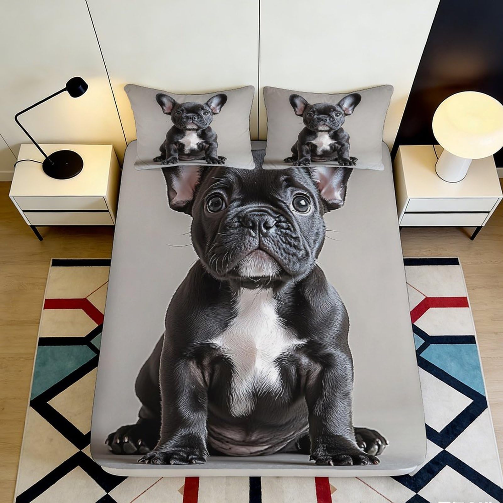 3D Printed French Bulldog Fitted Sheet Microfiber Non-Slip Mattress Cover for Bedroom Dorm Youth Grey Animal Decor 160x200x25cm