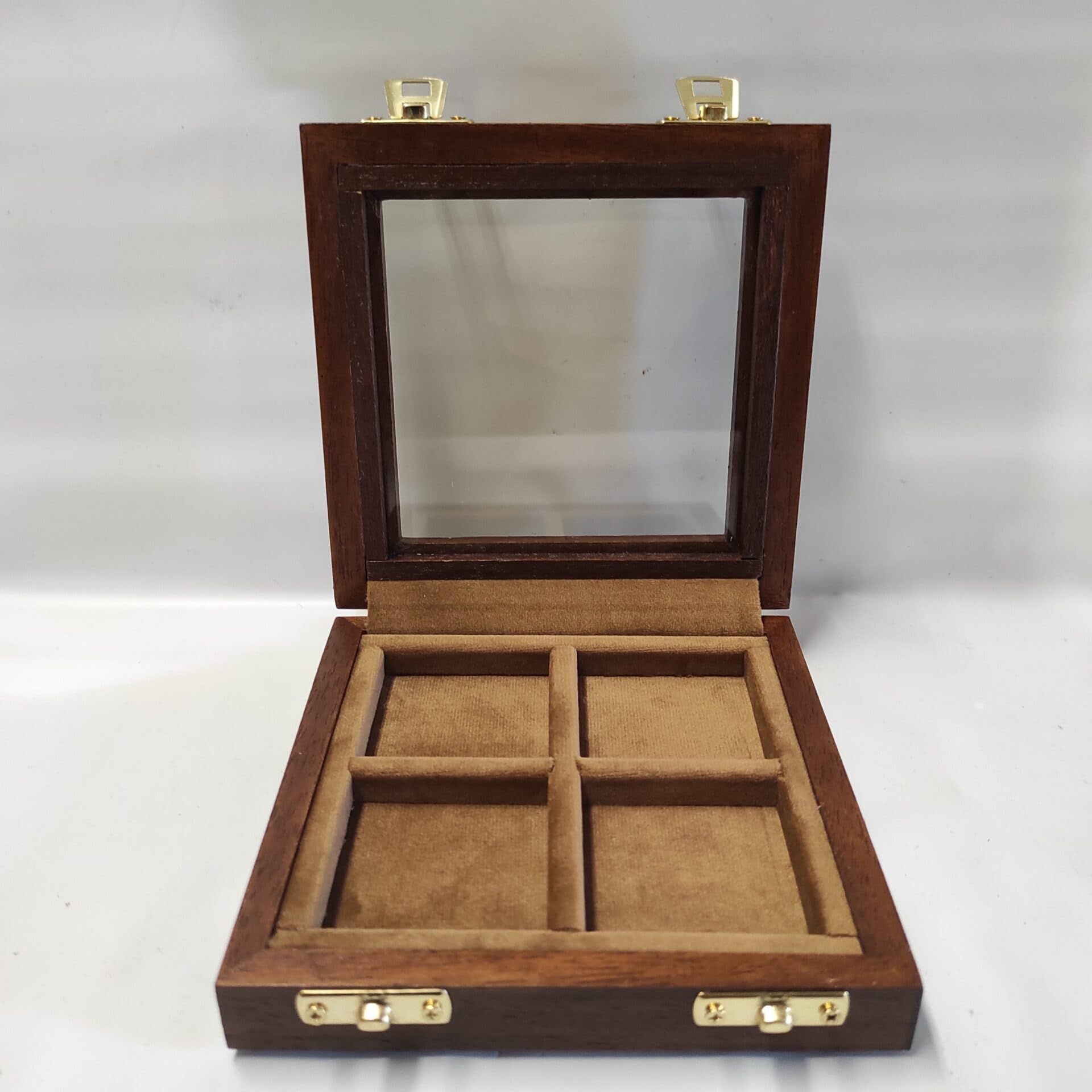 Vitrina de Madera Artesanal con Tapa de Cristal para Monedas – Set de 4 Compartimentos de 50 x 50 mm – Estuche Expositor para Coleccionistas de Monedas y Medallas