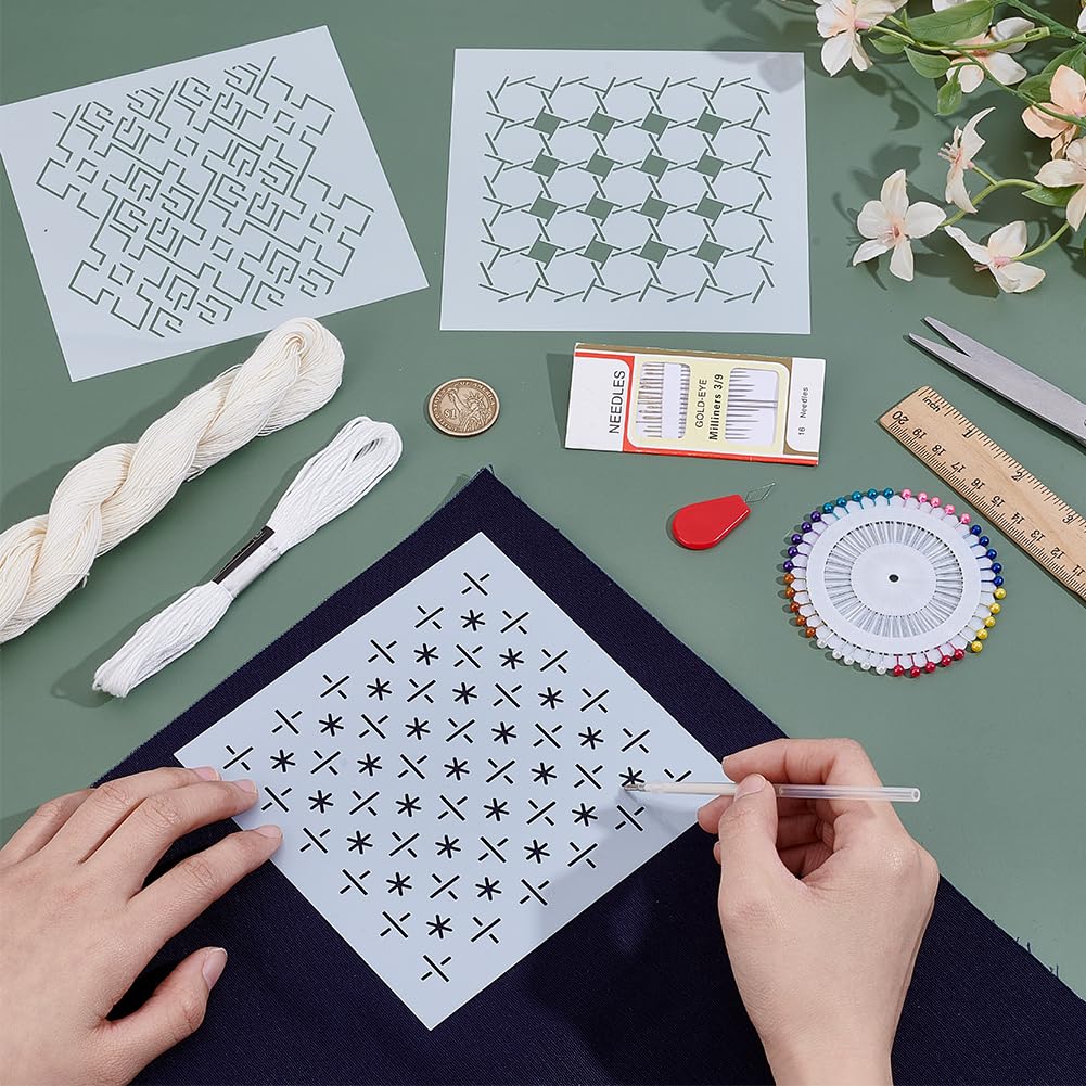 INFUNLY 3 Set Sashiko Drawstring Bag Kit DIY Sashiko Coin Purse Kit Navy Blue Fabric Sashiko Set for Beginners Make Your Own Tote Bag Sashiko Thread and Needles Hand Sewing Kit for Adults - Image 4